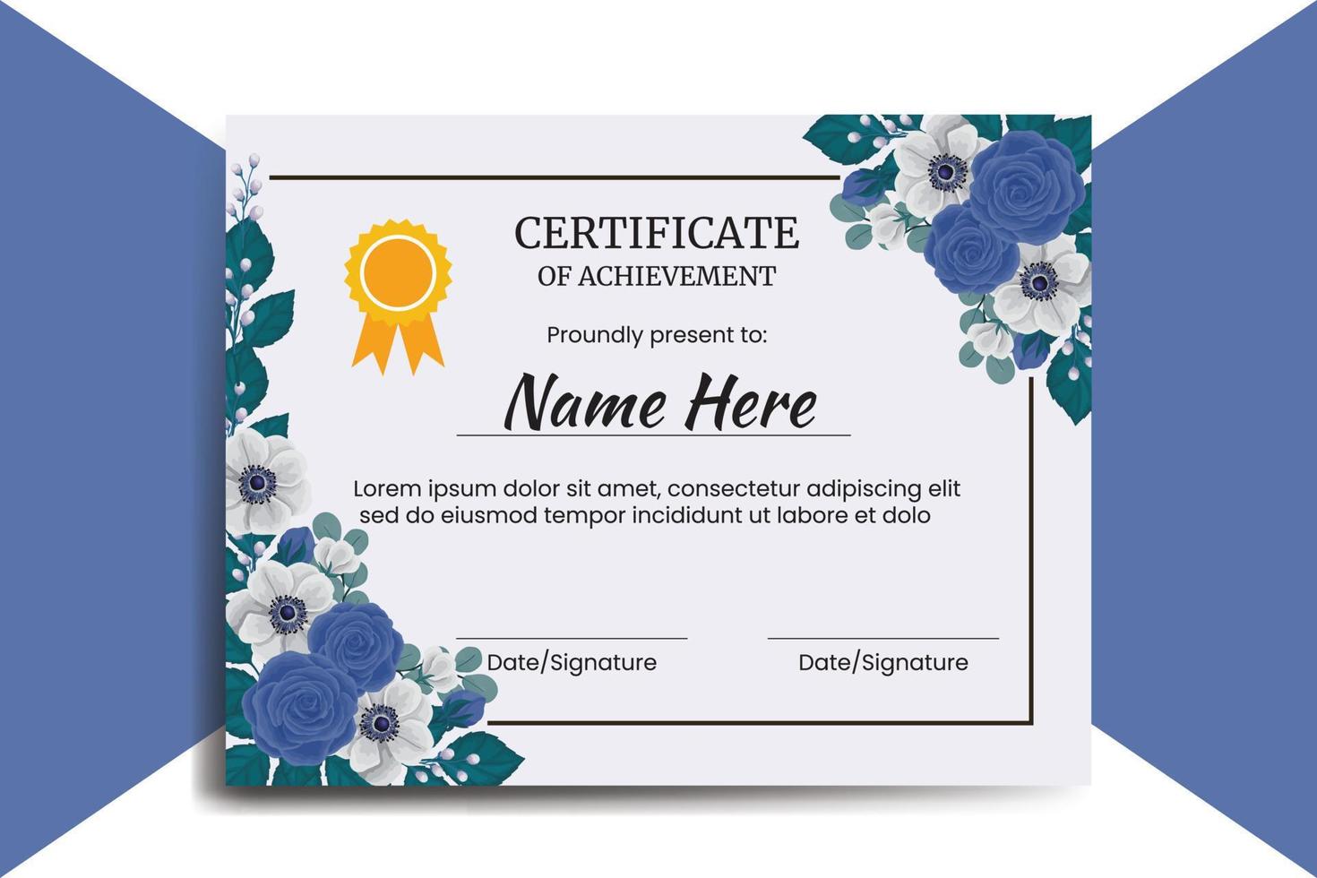 certifikat mall blå reste sig blomma vattenfärg digital hand dragen vektor