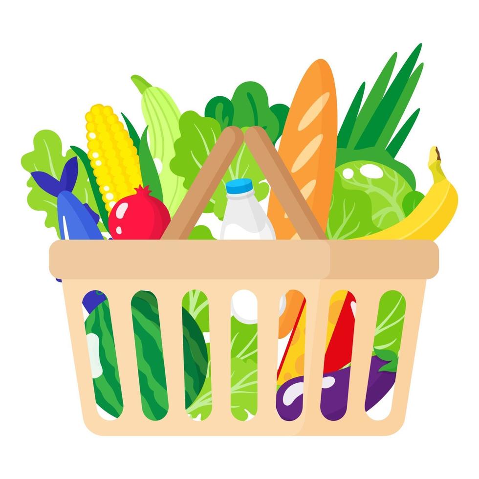 Vektorkarikaturillustration des Supermarkt-Lebensmittelkorbs mit gesundem Bio-Lebensmittel lokalisiert auf weißem Hintergrund vektor