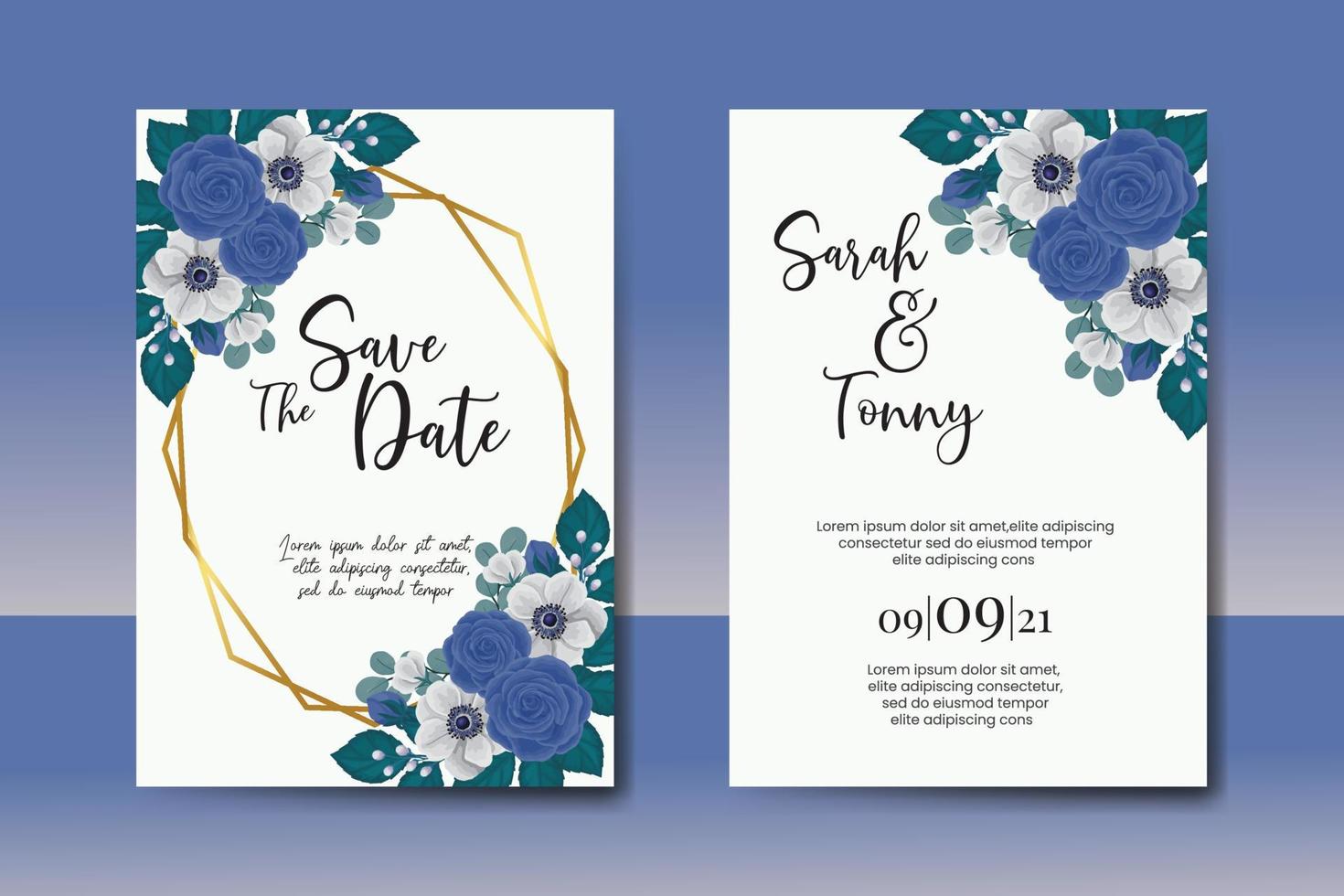bröllop inbjudan ram uppsättning, blommig vattenfärg digital hand dragen blå reste sig blomma design inbjudan kort mall vektor