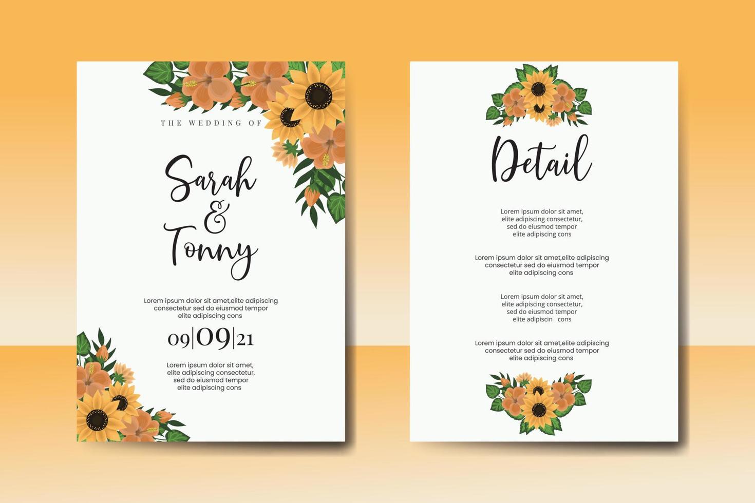 Hochzeit Einladung Rahmen Satz, Blumen- Aquarell Digital Hand gezeichnet Sonnenblume Design Einladung Karte Vorlage vektor