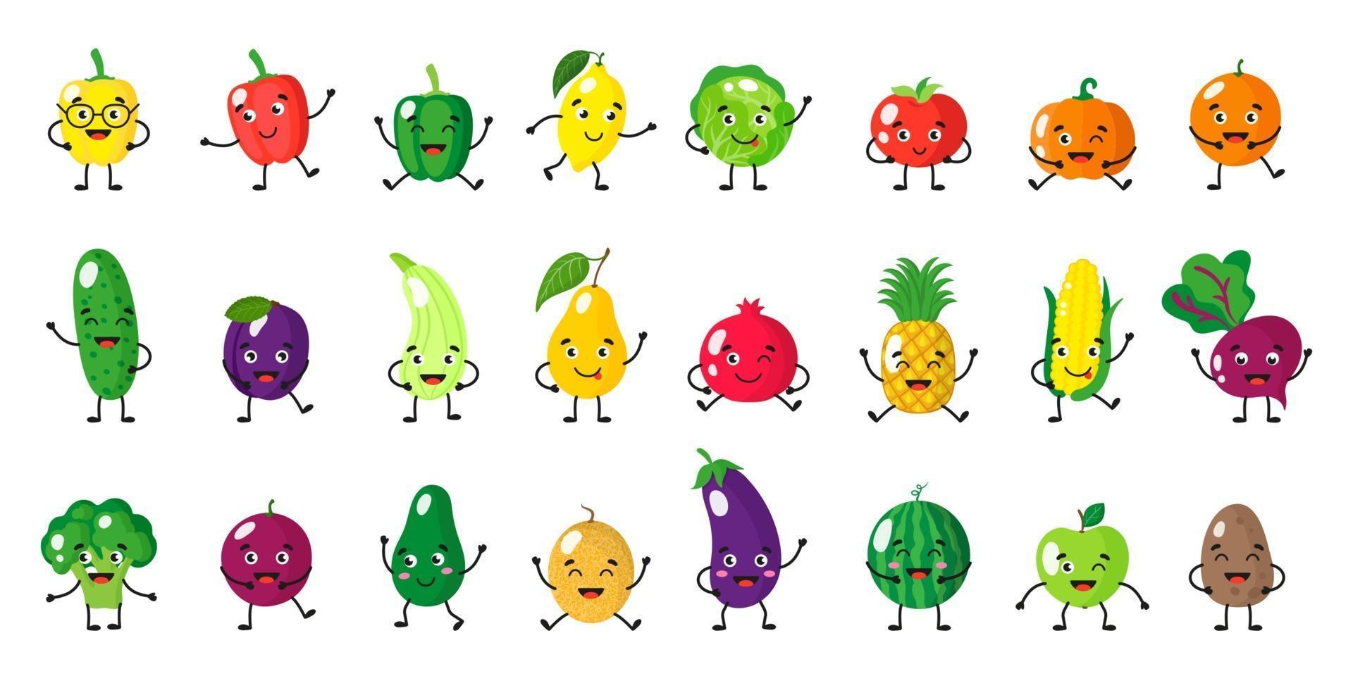 Vektorkarikatursatz von Obst- und Gemüsecharakteren mit verschiedenen Posen und Emotionen lokalisiert auf weißem Hintergrund vektor