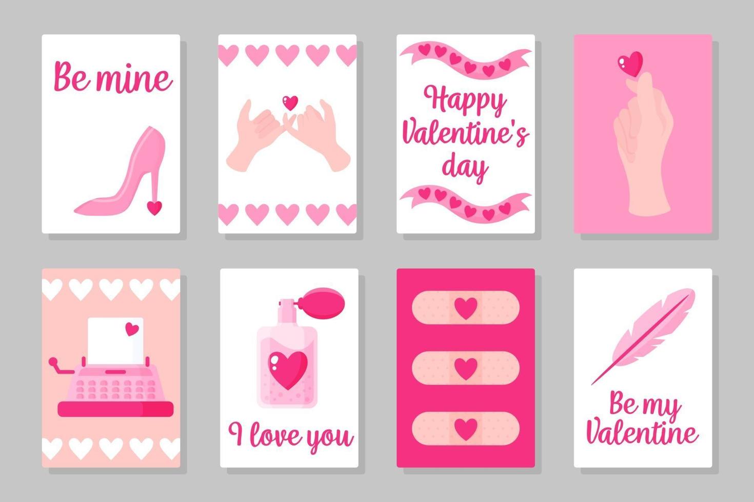 Satz von rosa, weißen und blauen farbigen Karten für Valentinstag oder Hochzeit. Vektor flaches Design lokalisiert auf grauem Hintergrund