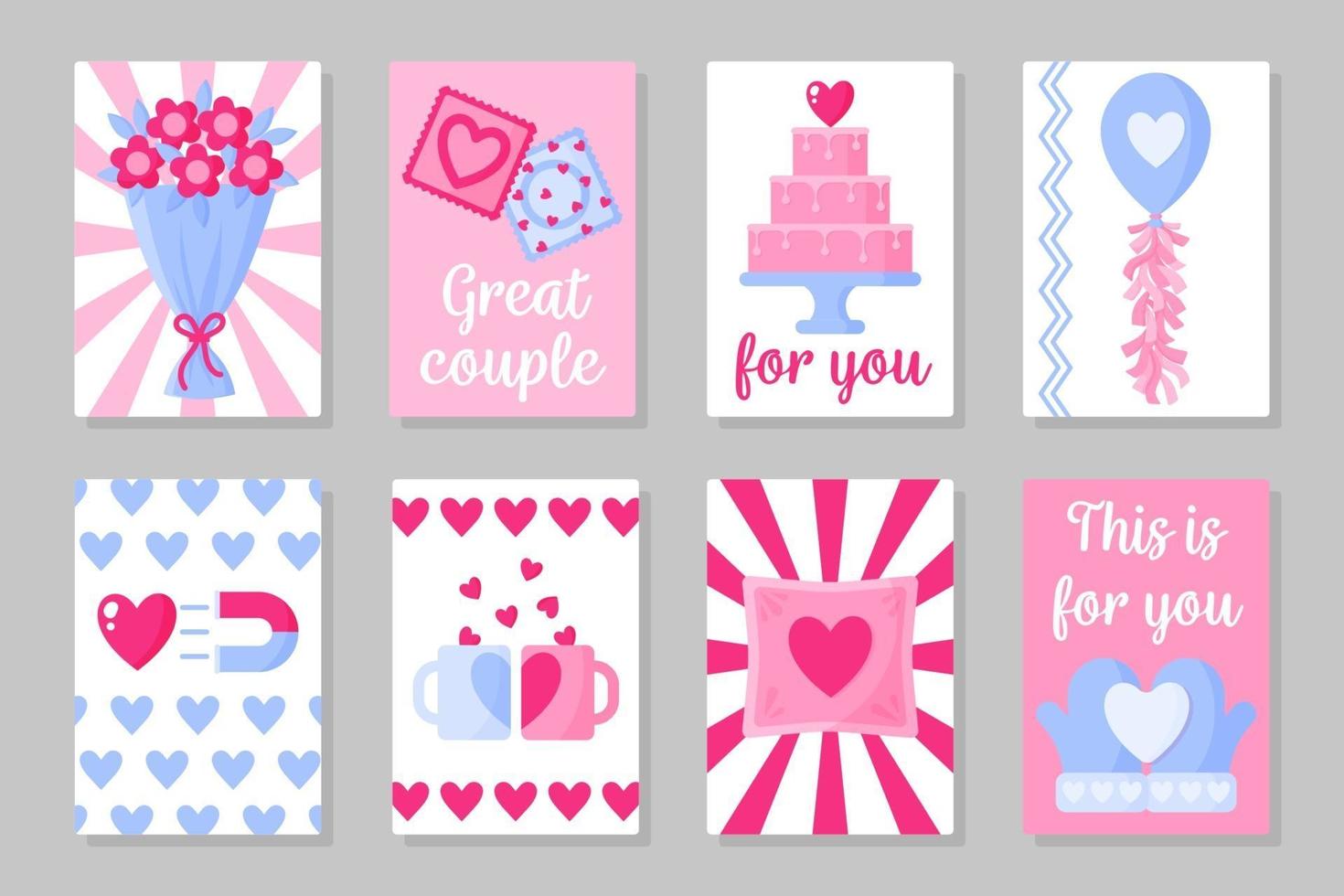 uppsättning rosa, vita och blå färgade kort för alla hjärtans dag eller bröllop. vektor platt design isolerad på grå bakgrund