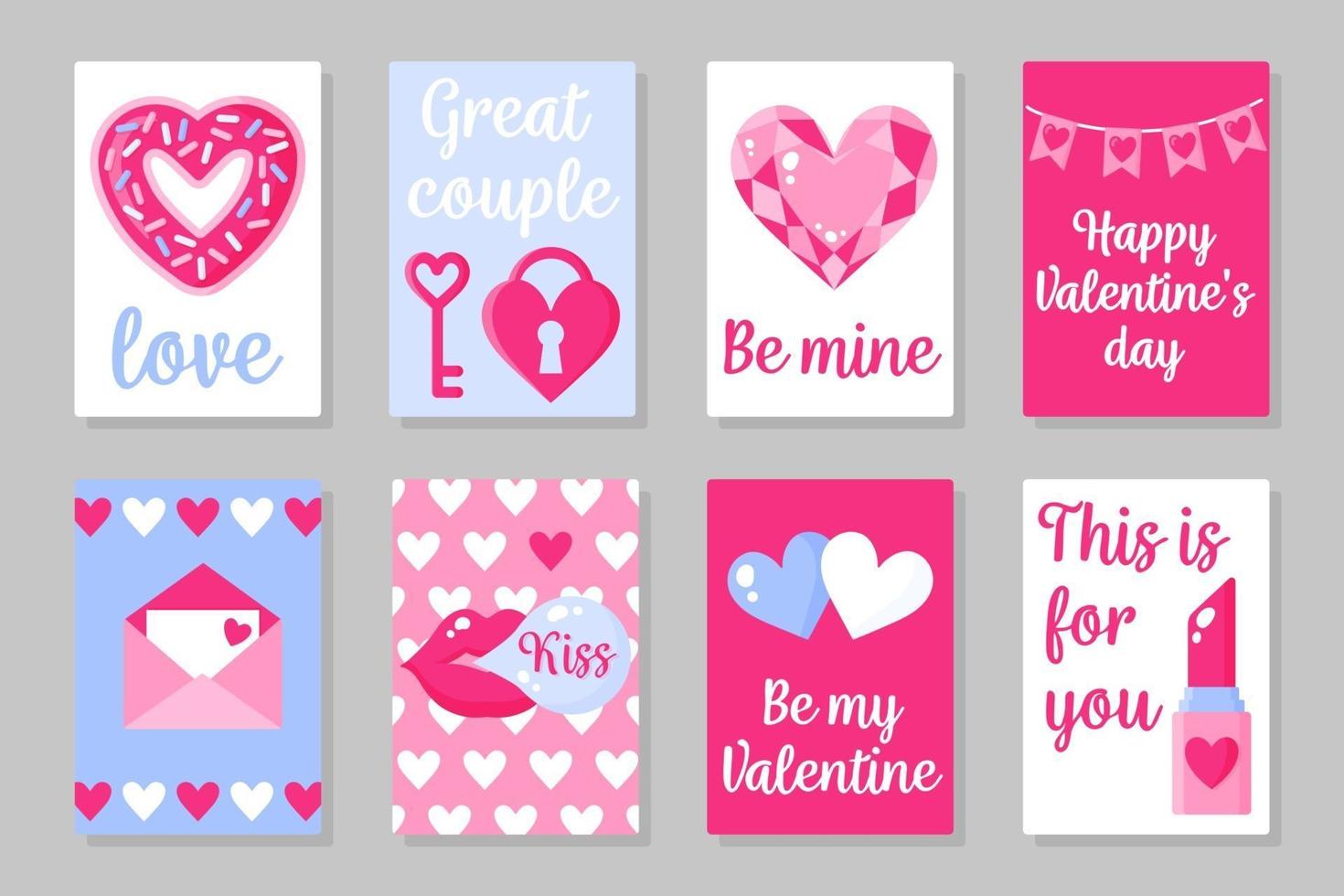 Satz von rosa, weißen und blauen farbigen Karten für Valentinstag oder Hochzeit. Vektor flaches Design lokalisiert auf grauem Hintergrund