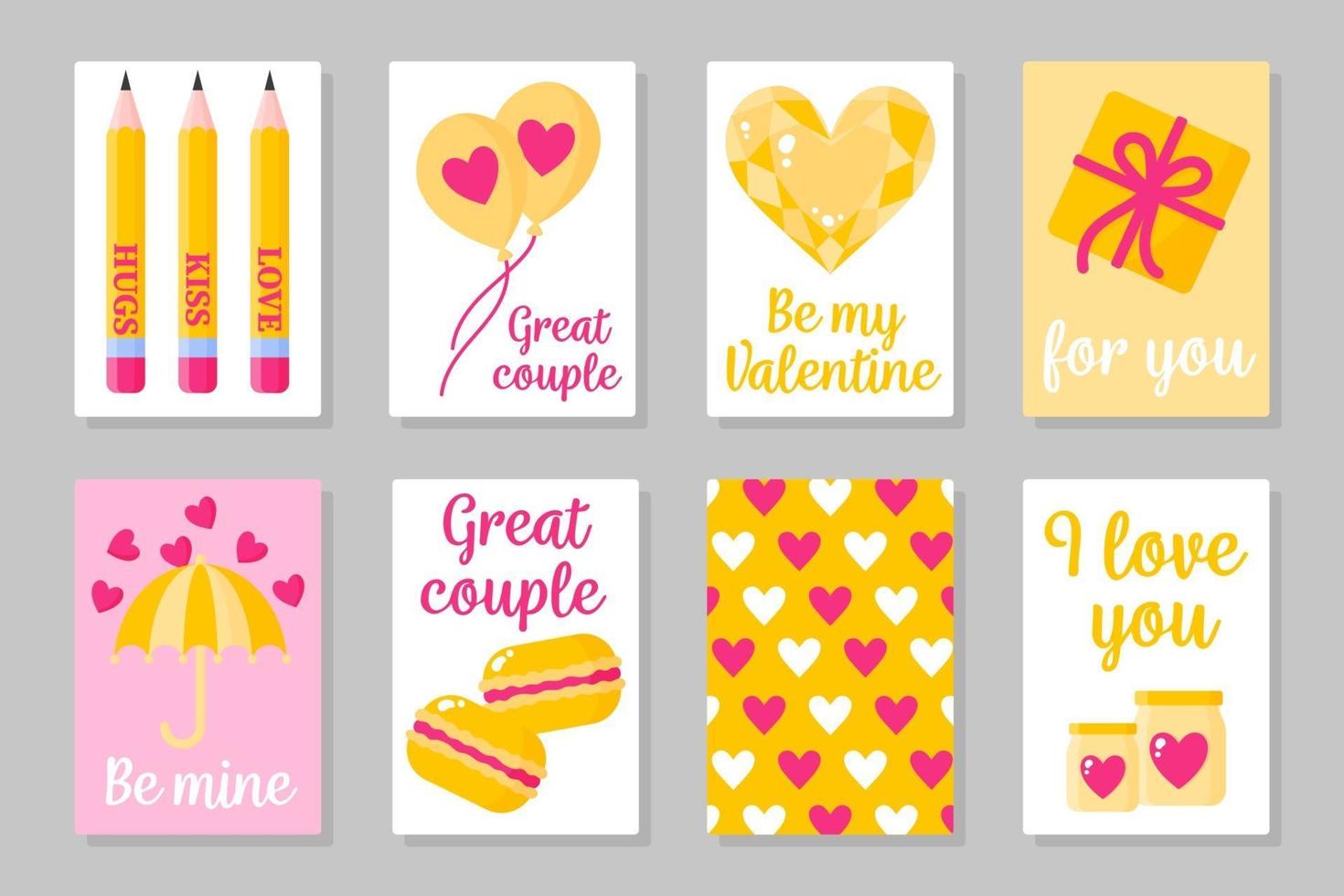 Satz von rosa, weißen und gelben farbigen Karten für Valentinstag oder Hochzeit. Vektor flach isoliert Design