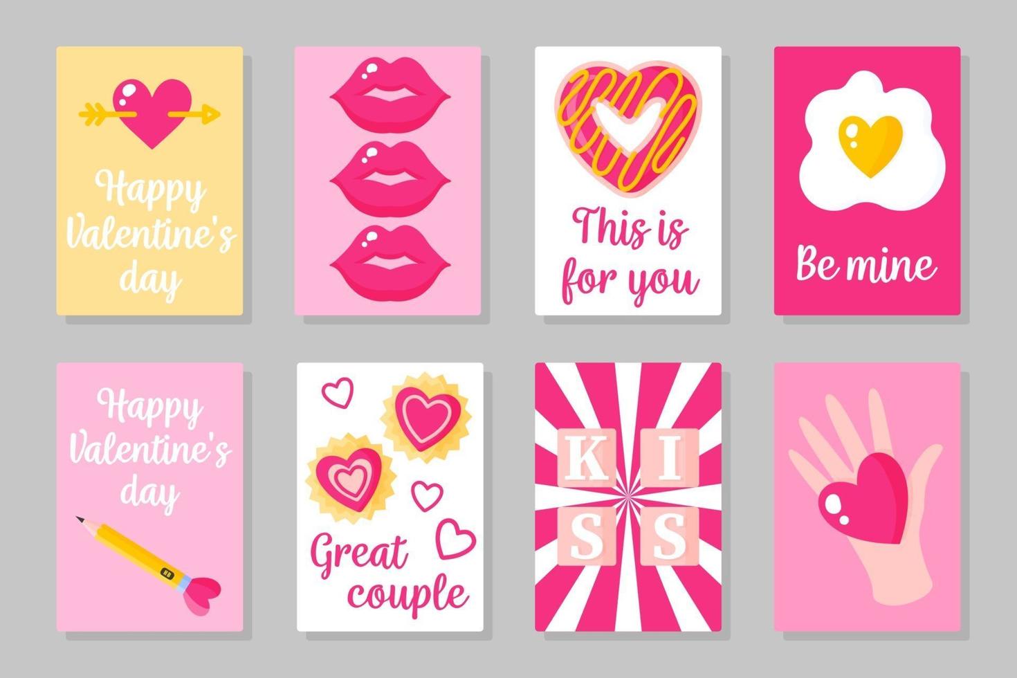 Satz von rosa, weißen und gelben farbigen Karten für Valentinstag oder Hochzeit. Vektor flach isoliert Design