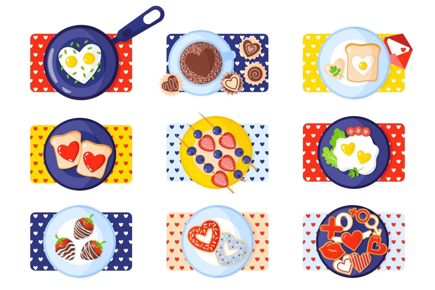 Valentinstag Frühstücksset Toast, Rührei, Omelett, Lebkuchen, Süßigkeiten, Kaffee, Donuts, Erdbeeren. vektor
