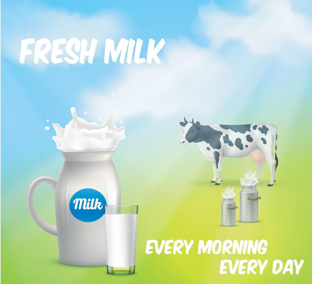 bunter Hintergrund mit Kuh und frischer Milch vektor