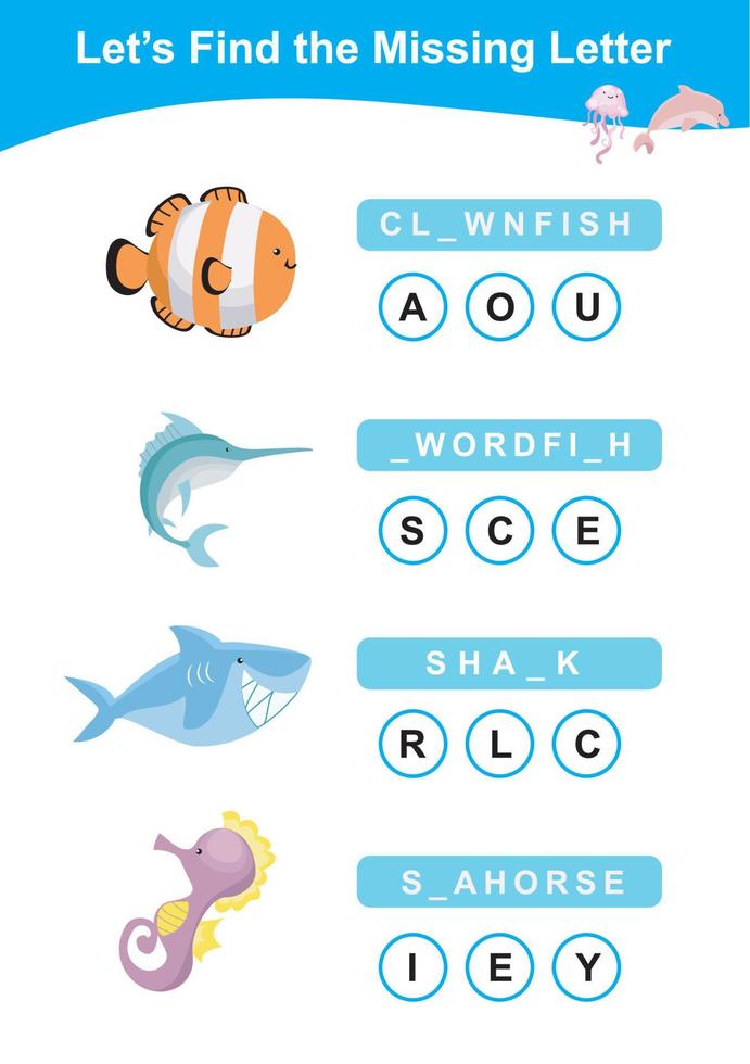 finden das fehlt Brief Arbeitsblatt. Vorschule Arbeitsblatt mit Meer Tiere Thema. lehrreich Rechtschreibung druckbar Spiel Arbeitsblatt. Vektor Illustration.