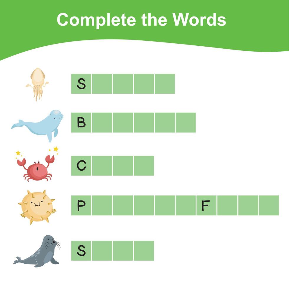 komplett de ord arbetsblad. Vad brev är saknas ark. skrivning aktivitet för barn. hav djur namn. pedagogisk aktivitet för förskola ungar. vektor illustration.