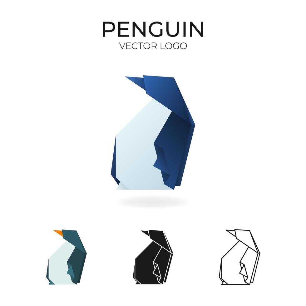 origami vektor logotyp uppsättning med pingvin. isolerat logotyp i annorlunda variationer. lutning, Färg, svart och översikt logotyp för företag, grafisk design och så på.