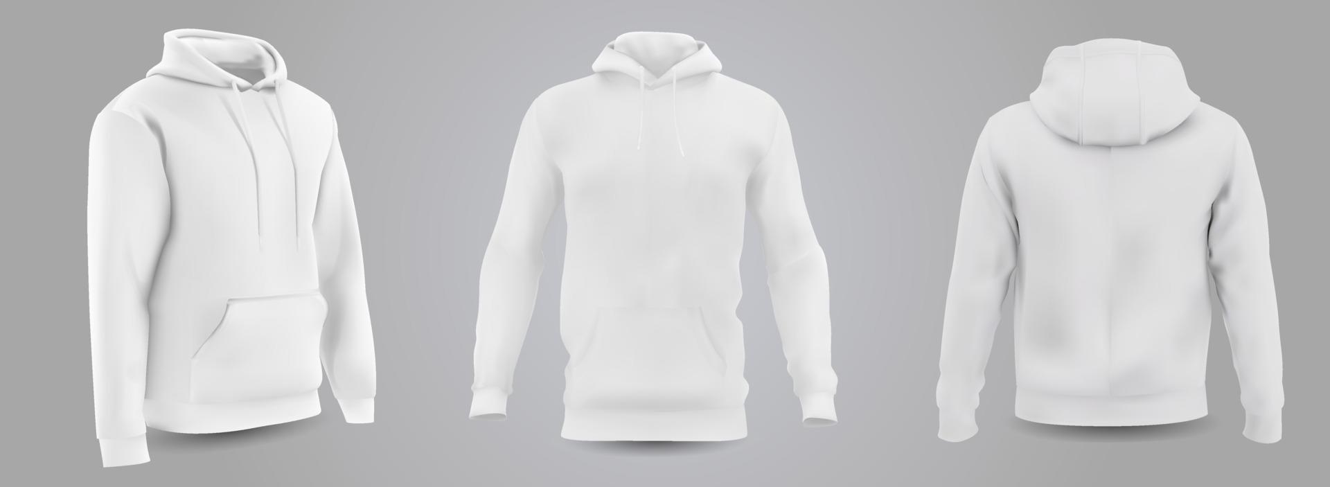 vita mäns huvtröja mockup framför, bak och sidovy, isolerad på en grå bakgrund. 3D realistisk vektorillustration, formell eller avslappnad tröja. vektor