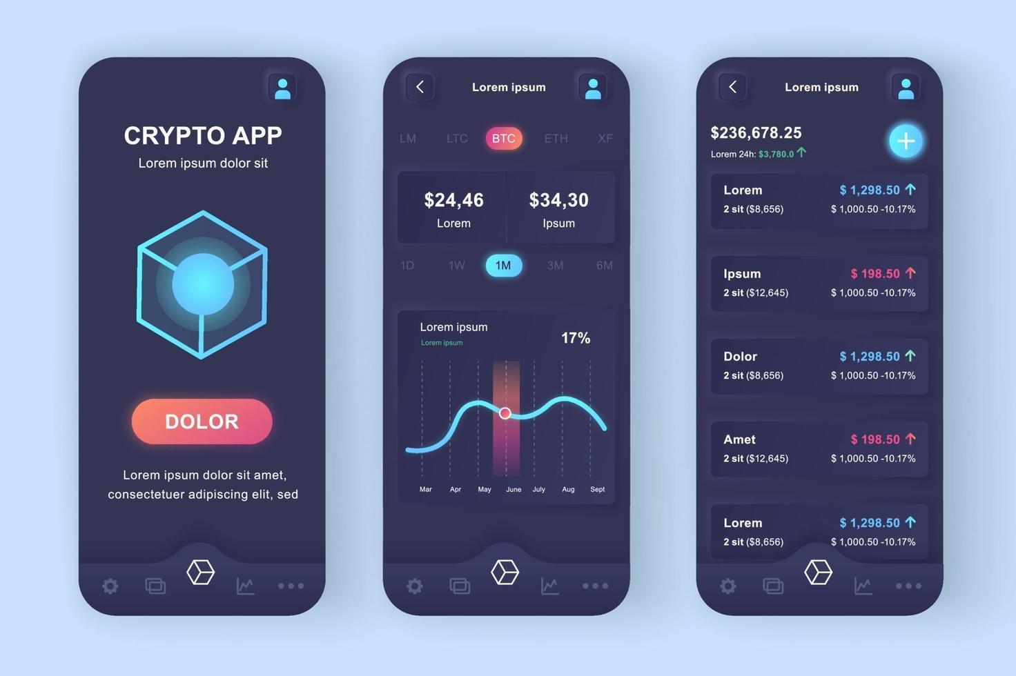 Kryptowährungshandel einzigartiges neomorphes Design-Kit für mobile Apps vektor