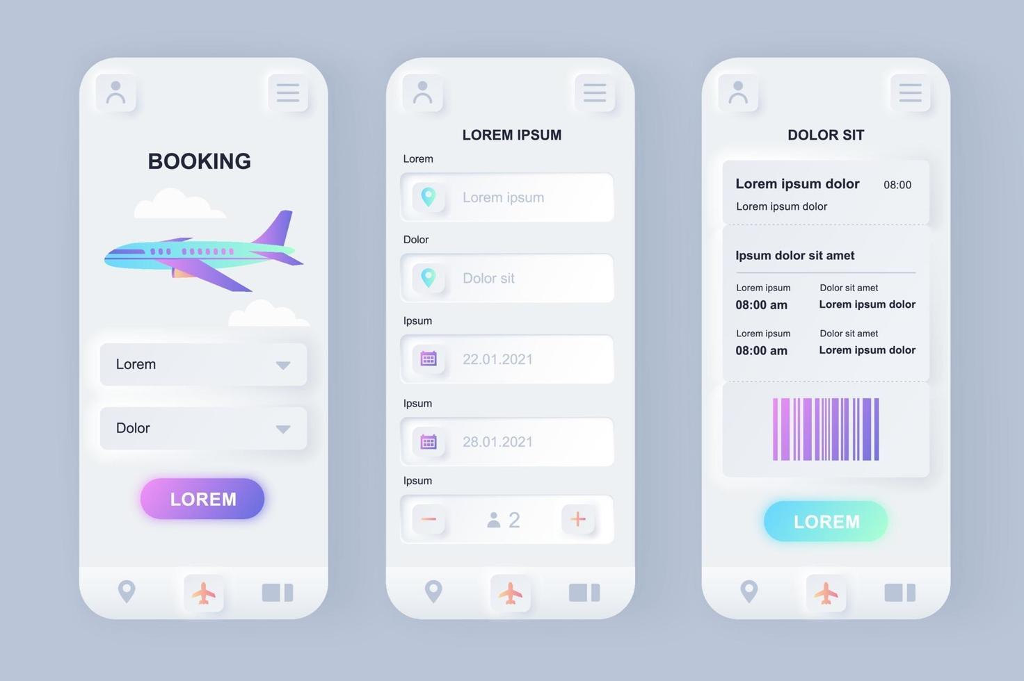 Flugbuchung einzigartiges neomorphes Design-Kit für mobile Apps vektor