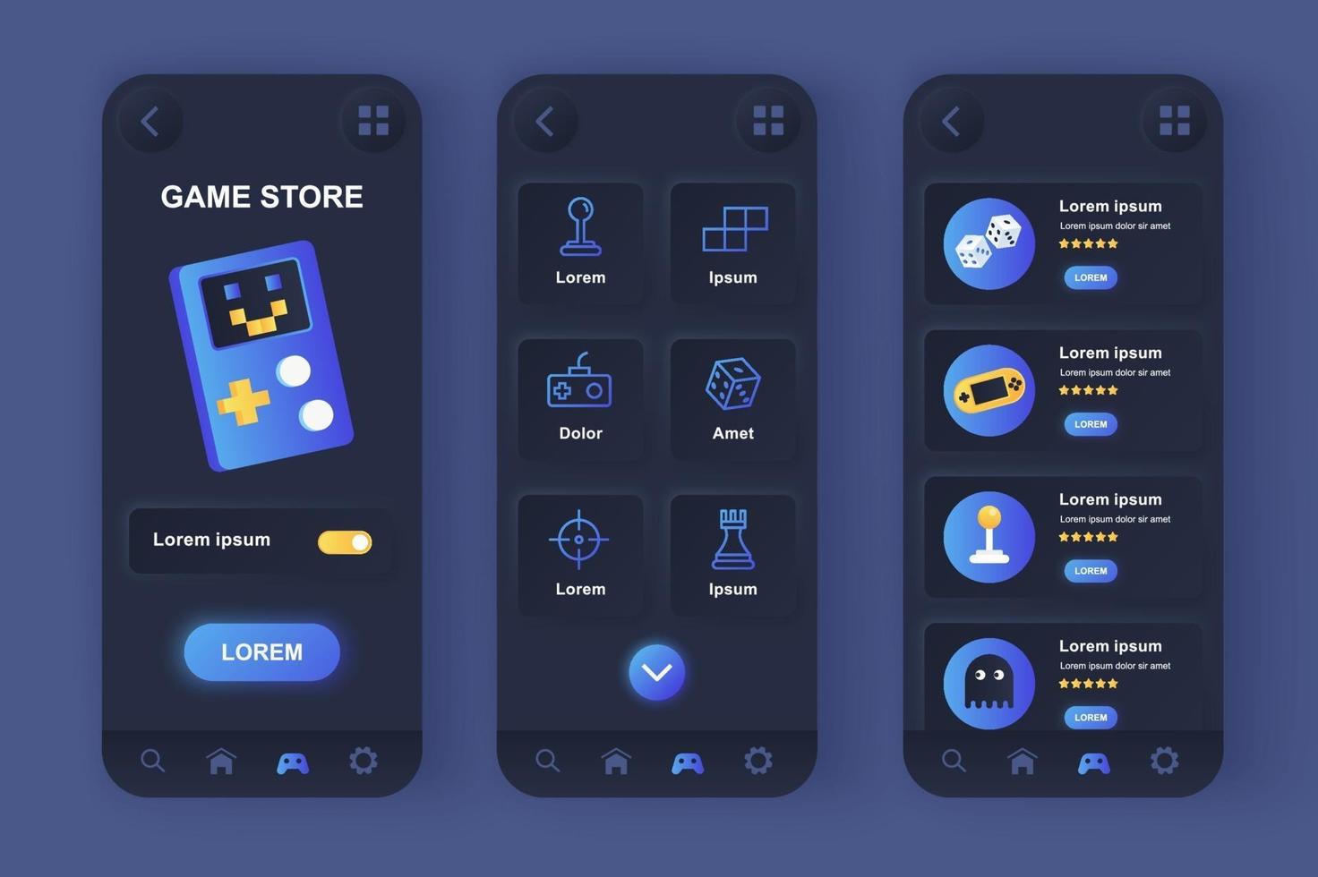 Game Store einzigartiges neomorphes Design-Kit für mobile Apps vektor