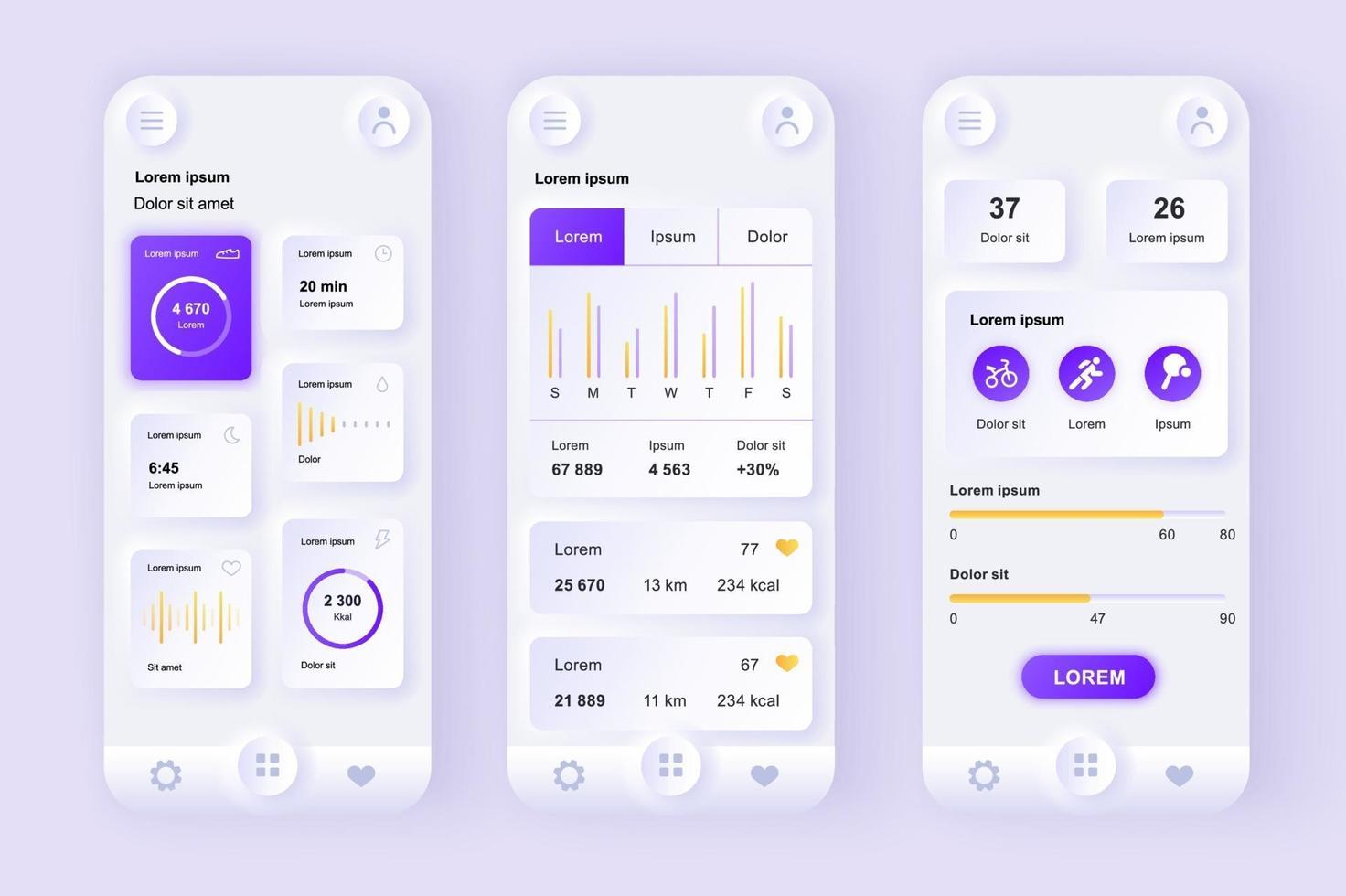 Gesundheits- und Aktivitäts-Tracking einzigartiges Design-Kit für neomorphe mobile Apps vektor