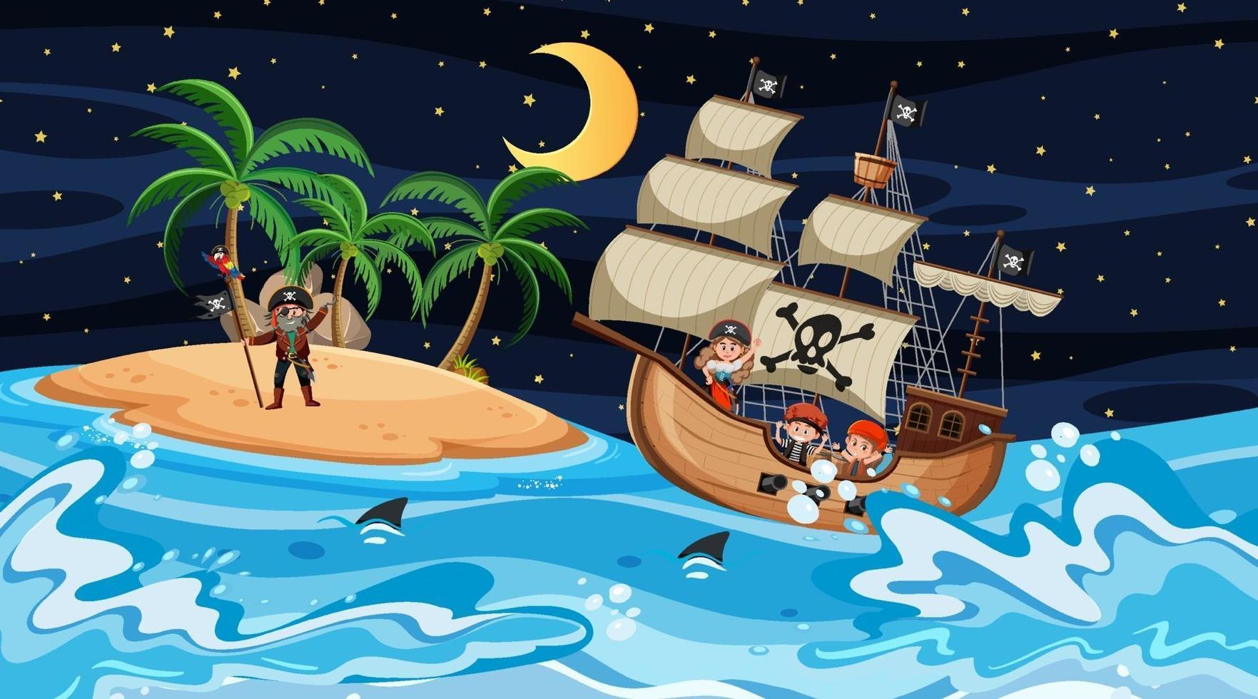 Ozean mit Piratenschiff bei Nachtszene im Karikaturstil vektor