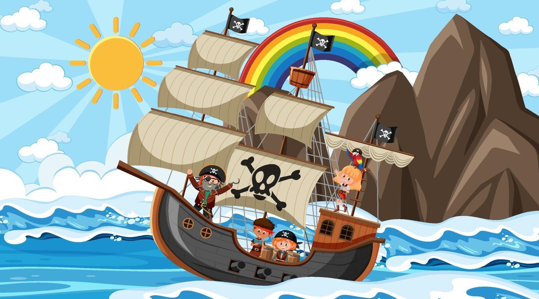 Strand mit Piratenschiff bei Tagesszene im Cartoon-Stil vektor