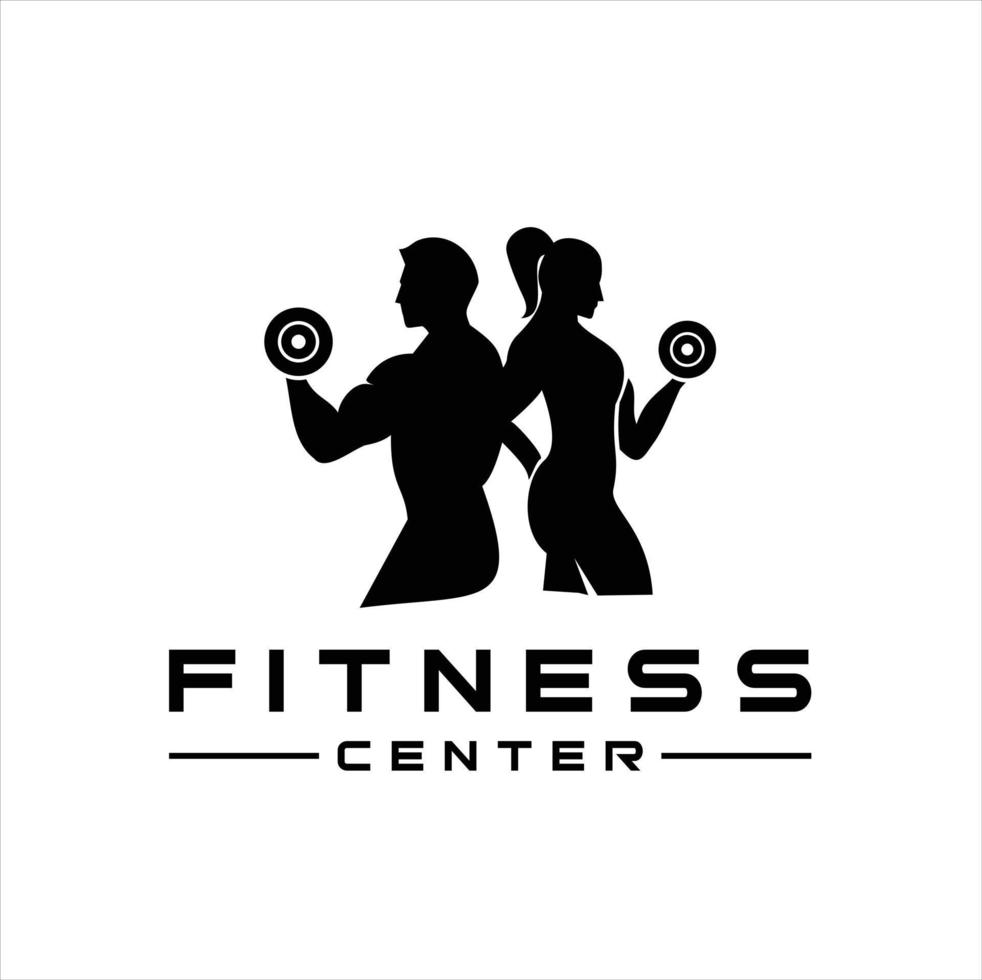 Fitness Center Logo. Sport und Fitness Logo Design . Fitnessstudio Logo Symbol Design Vektor Aktie, oder Emblem mit Frau und Mann Silhouetten.