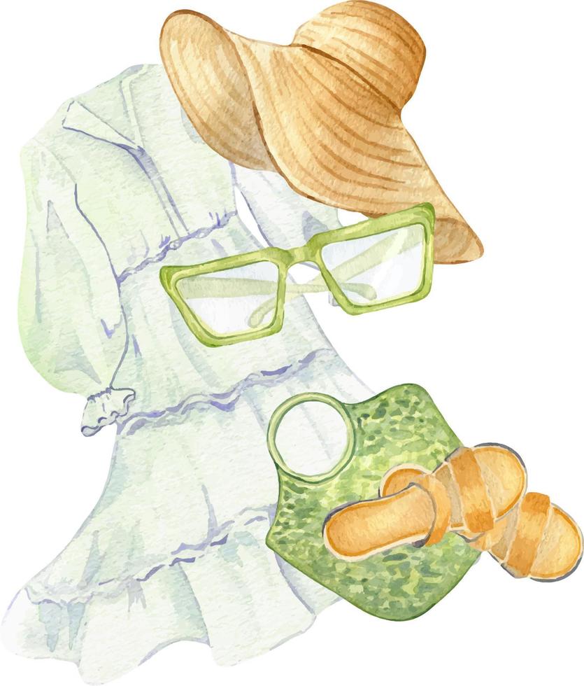 vit klänning, sugrör hatt, väska, solglasögon vattenfärg illustration isolerat på vit. sammansättning av kvinnas sommar utrusta hand ritade. design för affär, försäljning, tidskrift, förpackning, monter, mönster vektor