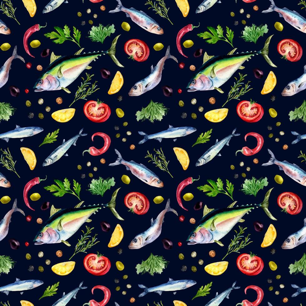 sömlös mönster av tonfisk, sardin och örter vattenfärg isolerat på svart. vektor