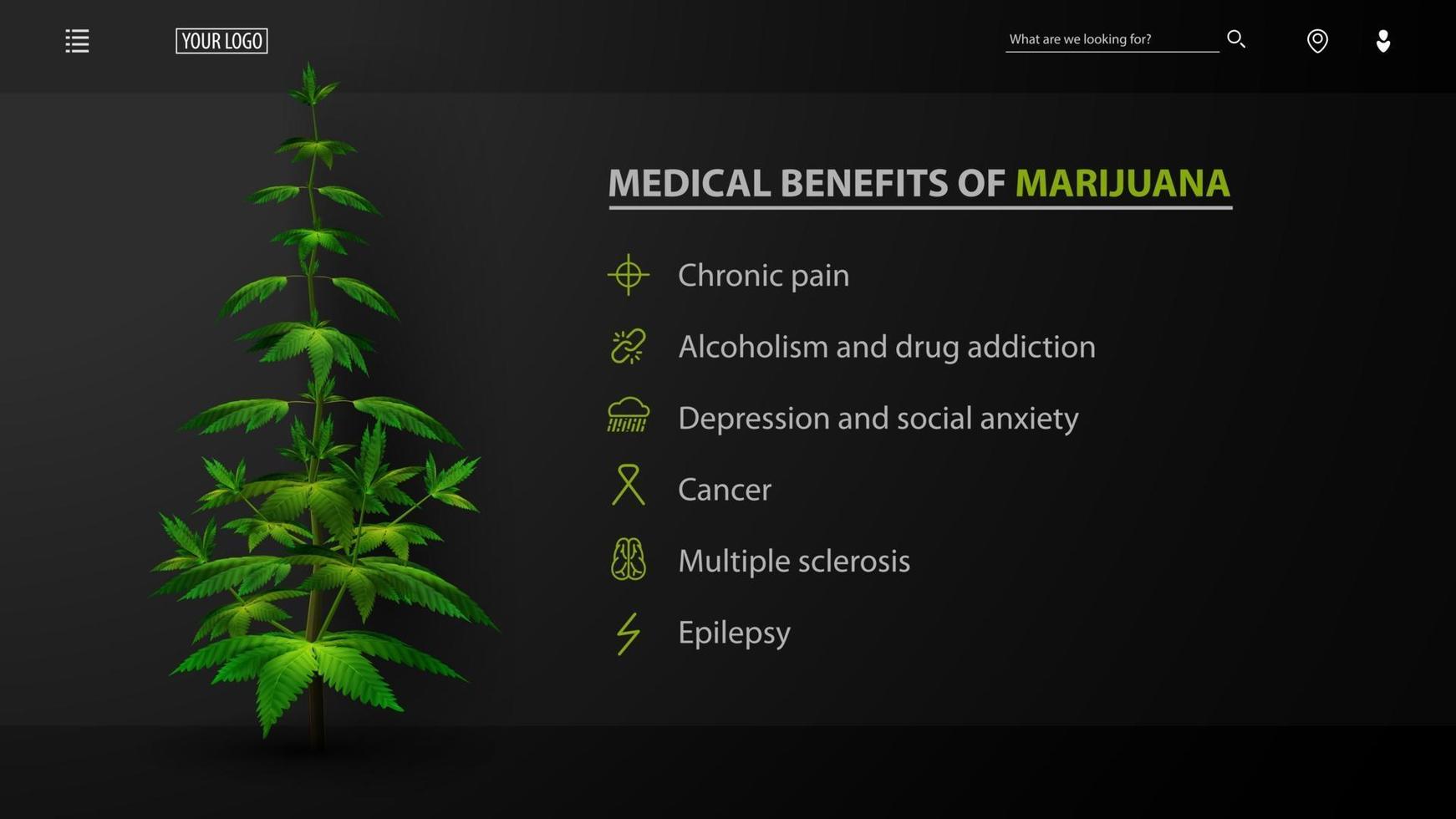 medizinische Vorteile von Marihuana, schwarzes Plakat für Website mit Busch von Cannabis. medizinische Verwendung für Marihuana, Vorteile der Verwendung vektor