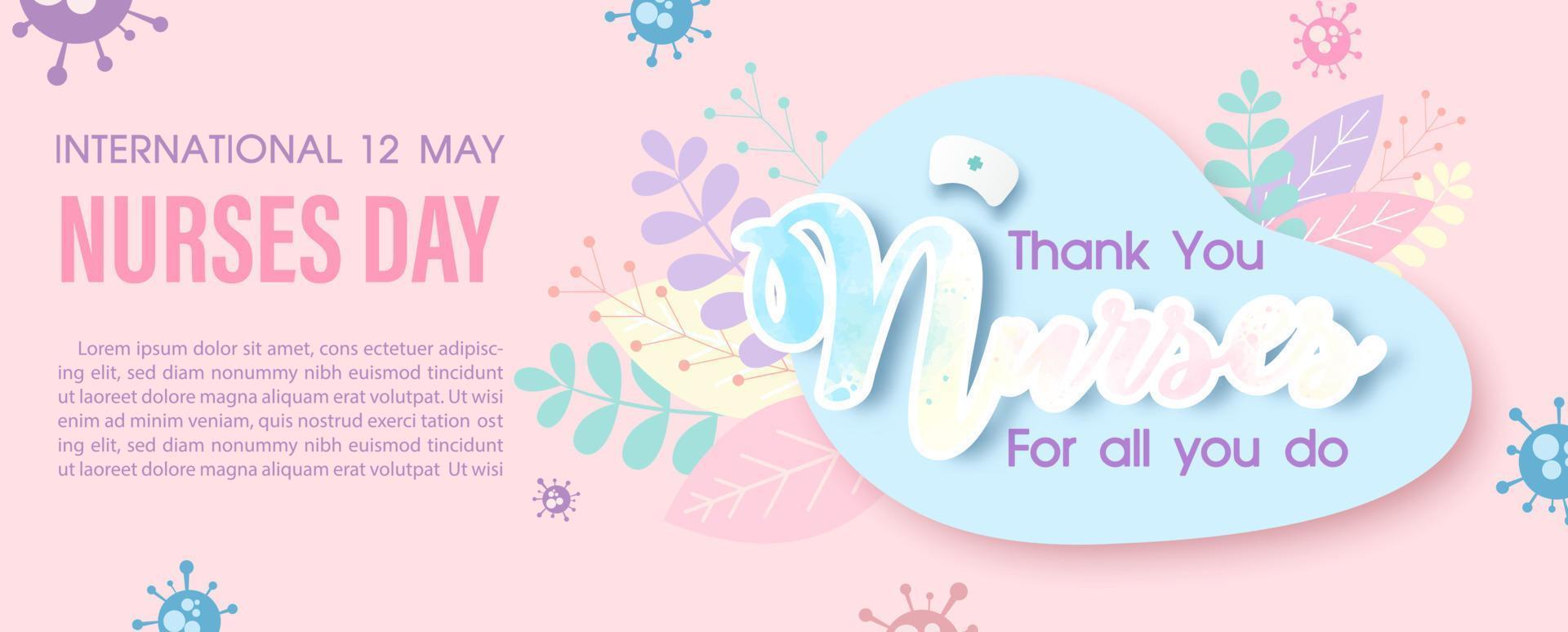 tacka du sjuksköterskor lydelse med de dag, namn av händelse, exempel texter på dekoration växter och virus symboler med rosa bakgrund. affisch kampanj av internationell sjuksköterskor dag i baner vektor design.
