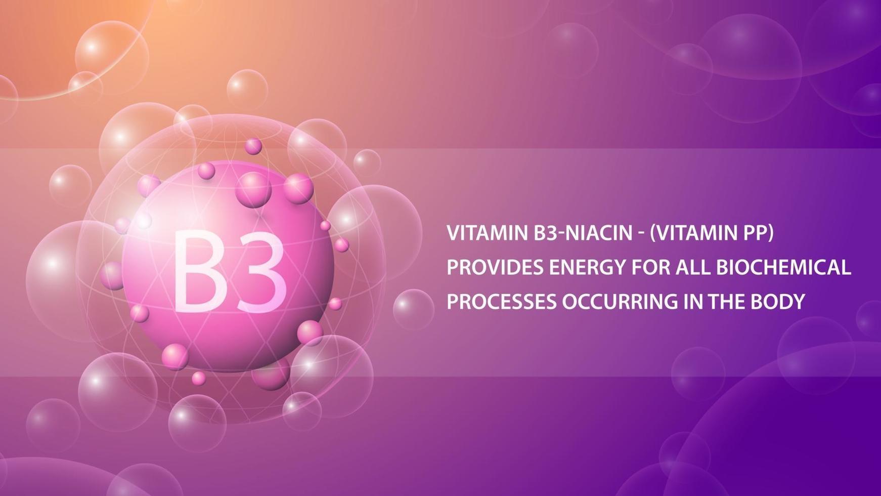 vitamin b3, rosa informationsaffisch med lila abstrakt medicin kapsel vektor