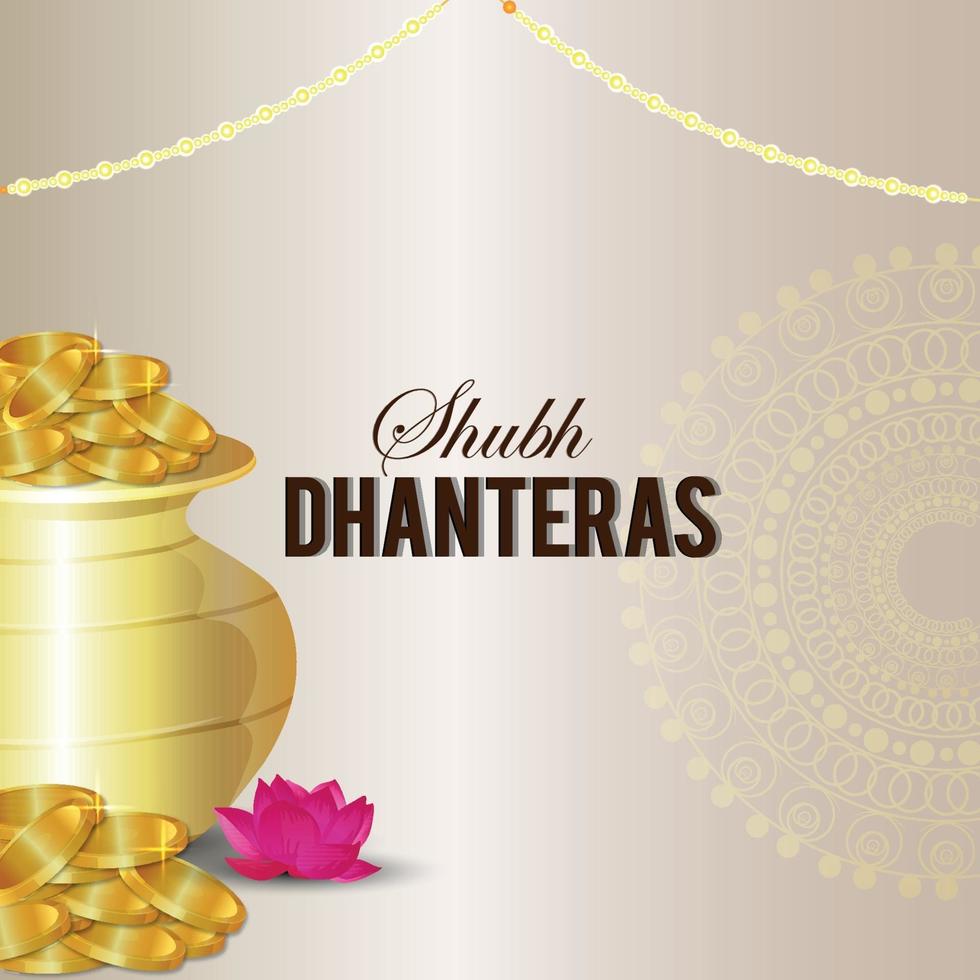 shubh dhanteras inbjudningskort, dhanteras indisk festival med kreativ guldmyntkruka vektor