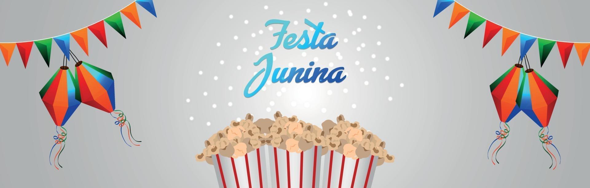 Festa Junina Einladungsbanner oder -kopf mit kreativem Popcorn-Eimer und bunter Partyflagge vektor