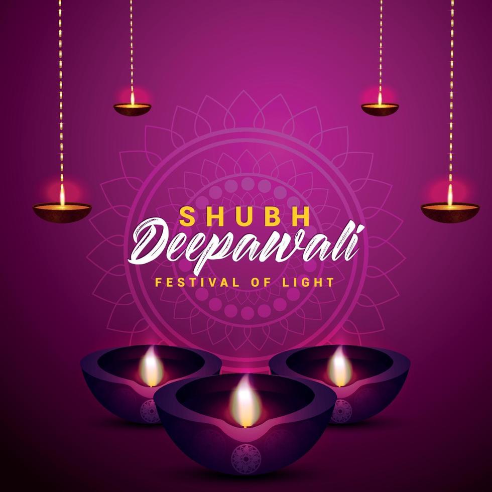 lycklig diwali firande gratulationskort med kreativa vektor diya på lila bakgrund