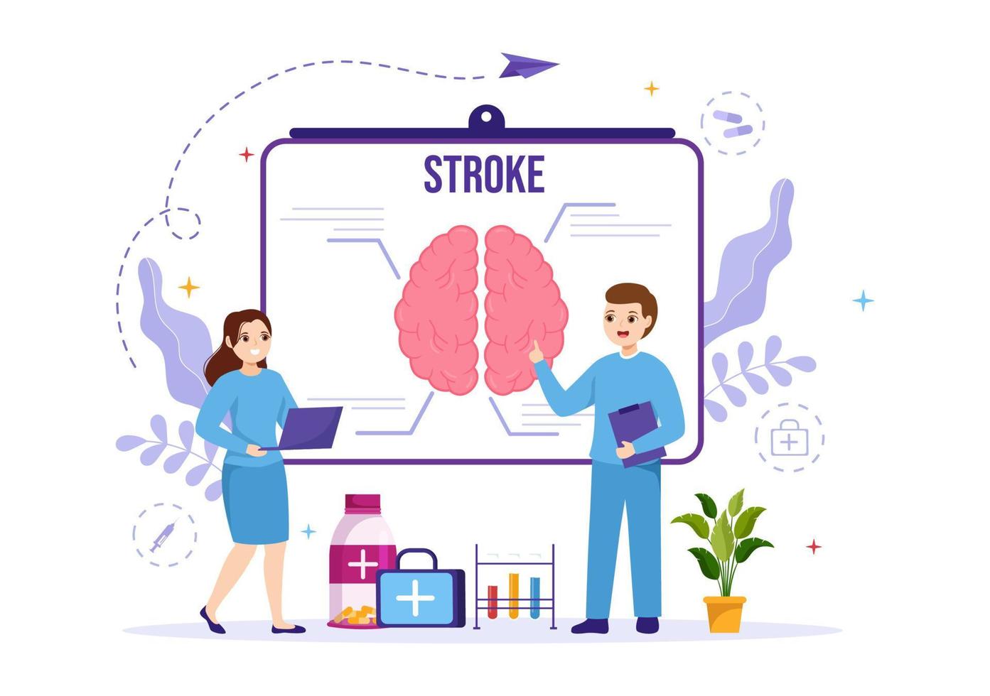 mänsklig hjärna stroke vektor illustration med vetenskaplig medicinsk, blödning och smärta punkt i platt tecknad serie hand dragen landning sida mallar