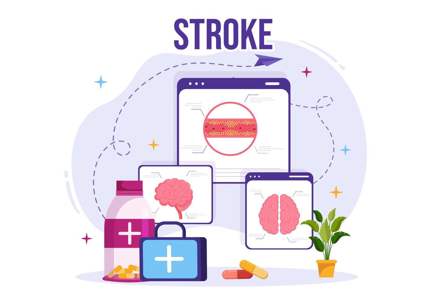 mänsklig hjärna stroke vektor illustration med vetenskaplig medicinsk, blödning och smärta punkt i platt tecknad serie hand dragen landning sida mallar