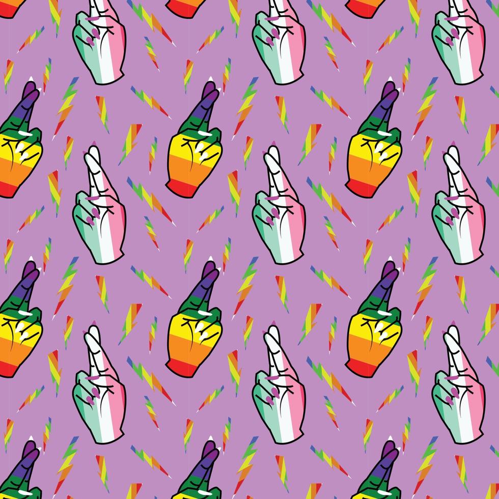 bunt Regenbogen nahtlos Vektor Muster, Stolz Hand Zeichen mit Donner Symbole, abrosexuell lgbt Design auf Rosa Hintergrund