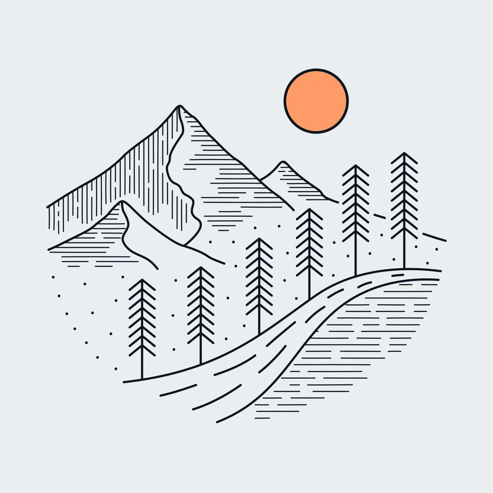 das Schönheit von Natur Fluss Berge Grafik Illustration Vektor Mono Linie Kunst T-Shirt Design