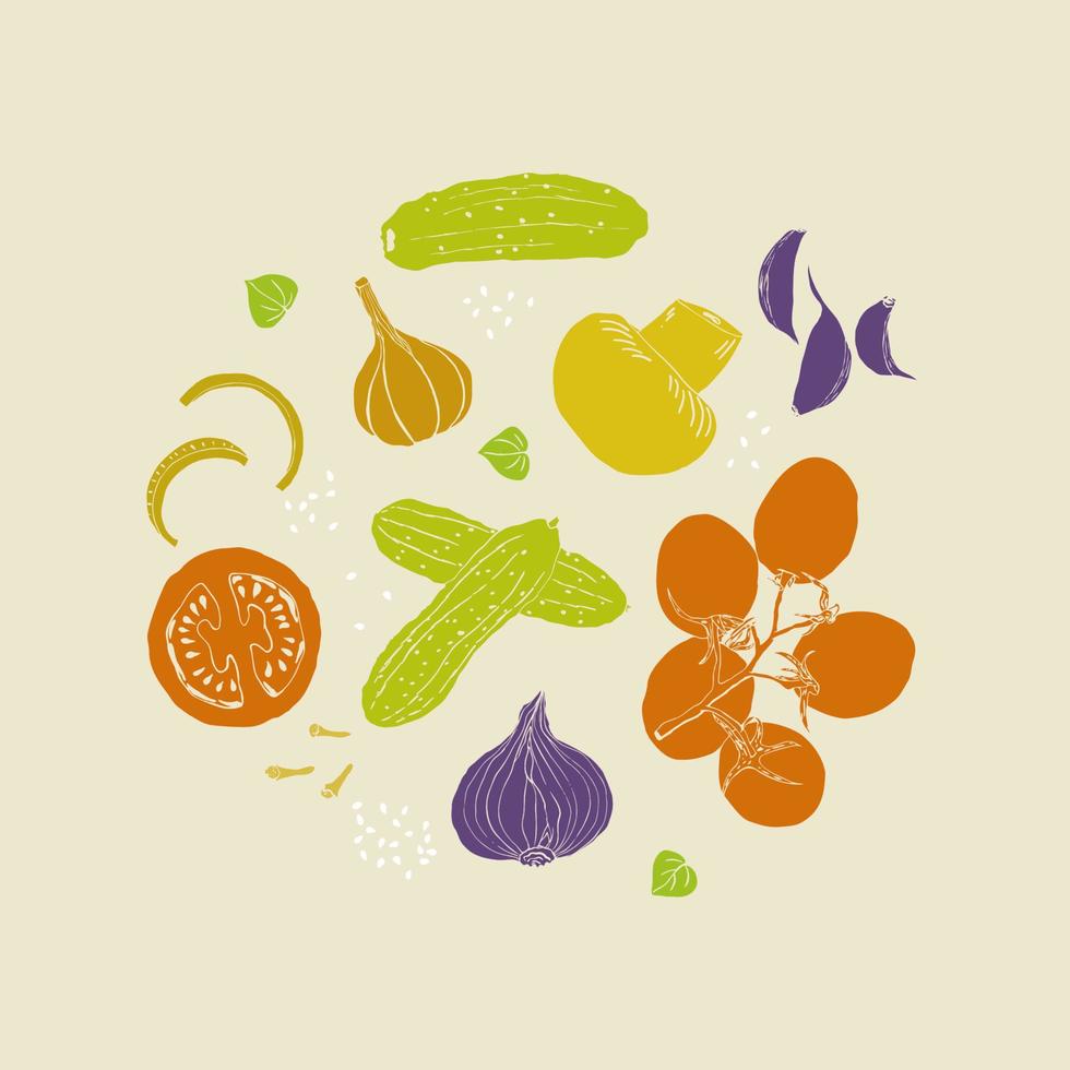 Gemüse Illustration Kreis Clip Art Zusammensetzung Hand gezeichnet retro Farben Stil vektor
