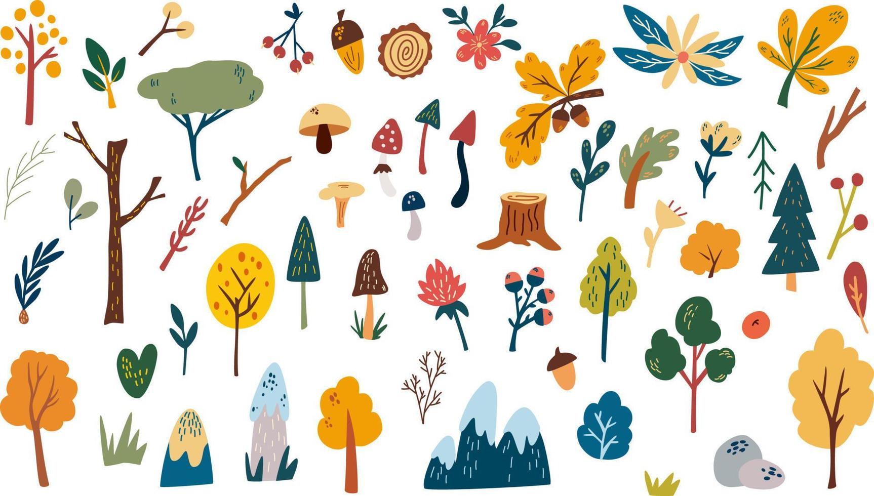 skog växter ClipArt samling. vild botanisk uppsättning. hand dragen skog träd, örter, svamp, blommor, grenar, bär, löv. barr- och lövfällande. vektor tecknad serie illustration.