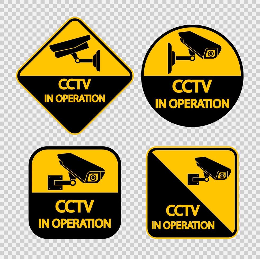 Stellen Sie das CCTV-Kamera-Label ein. Schwarzes Videoüberwachungszeichen auf transparentem Hintergrund. Vektorillustration vektor