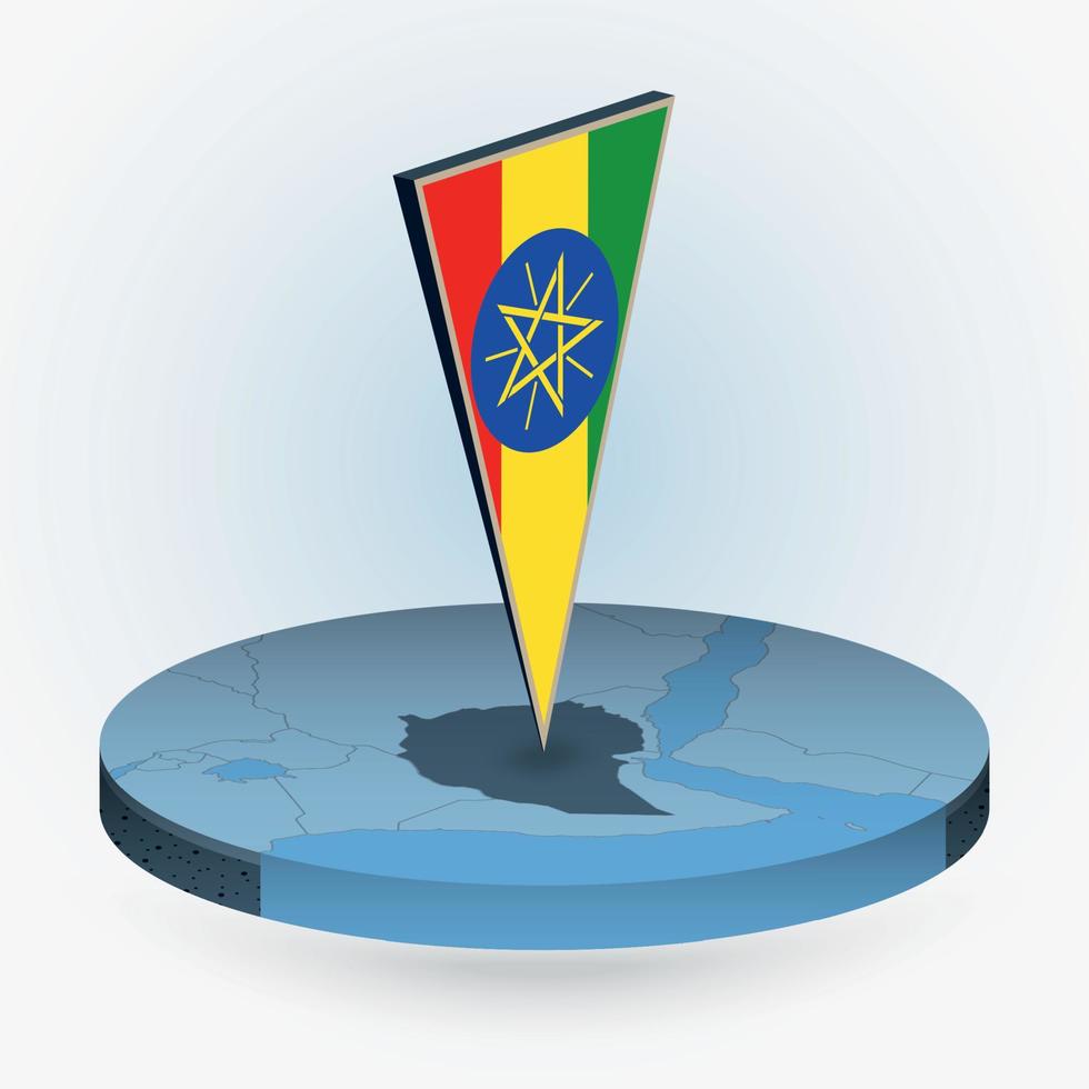 Äthiopien Karte im runden isometrisch Stil mit dreieckig 3d Flagge von Äthiopien vektor