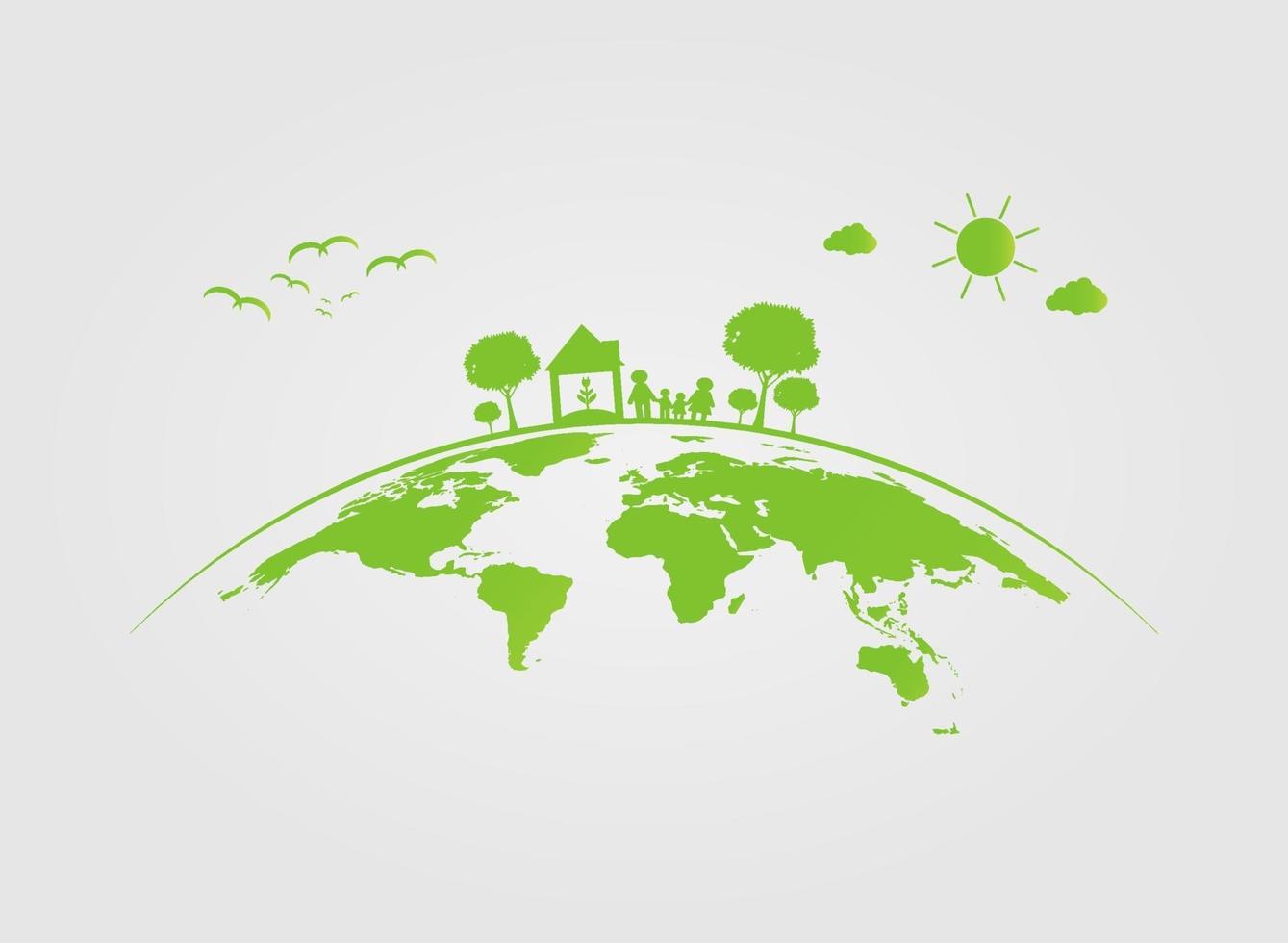 ekologi, träd på jorden städer hjälper världen med miljövänliga konceptidéer. vektorillustration vektor