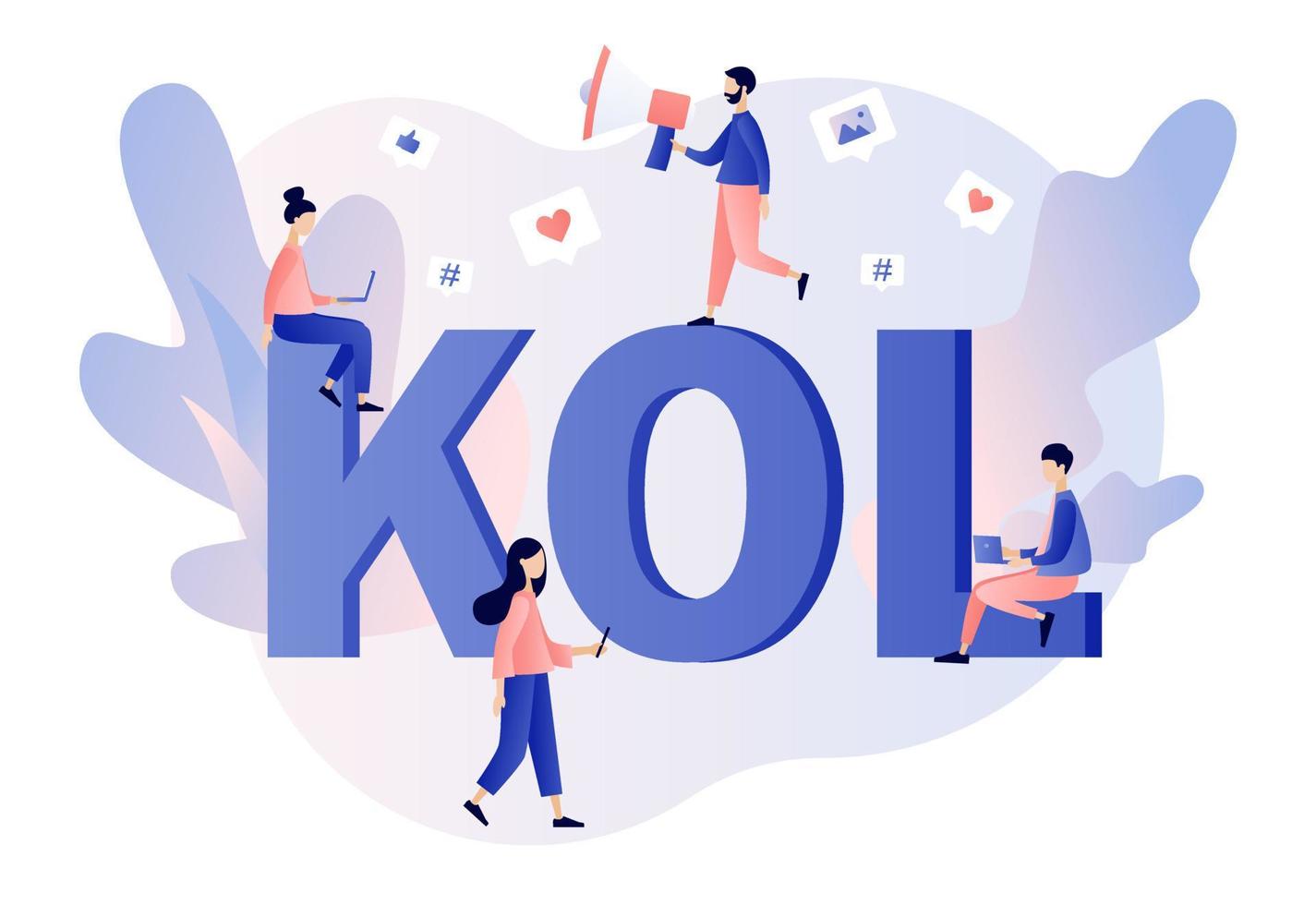 nyckel åsikt ledare. kol text. social media influencer. marknadsföring. mycket liten bloggare med megafon och följare uppkopplad. påverkar publik. modern platt tecknad serie stil. vektor illustration