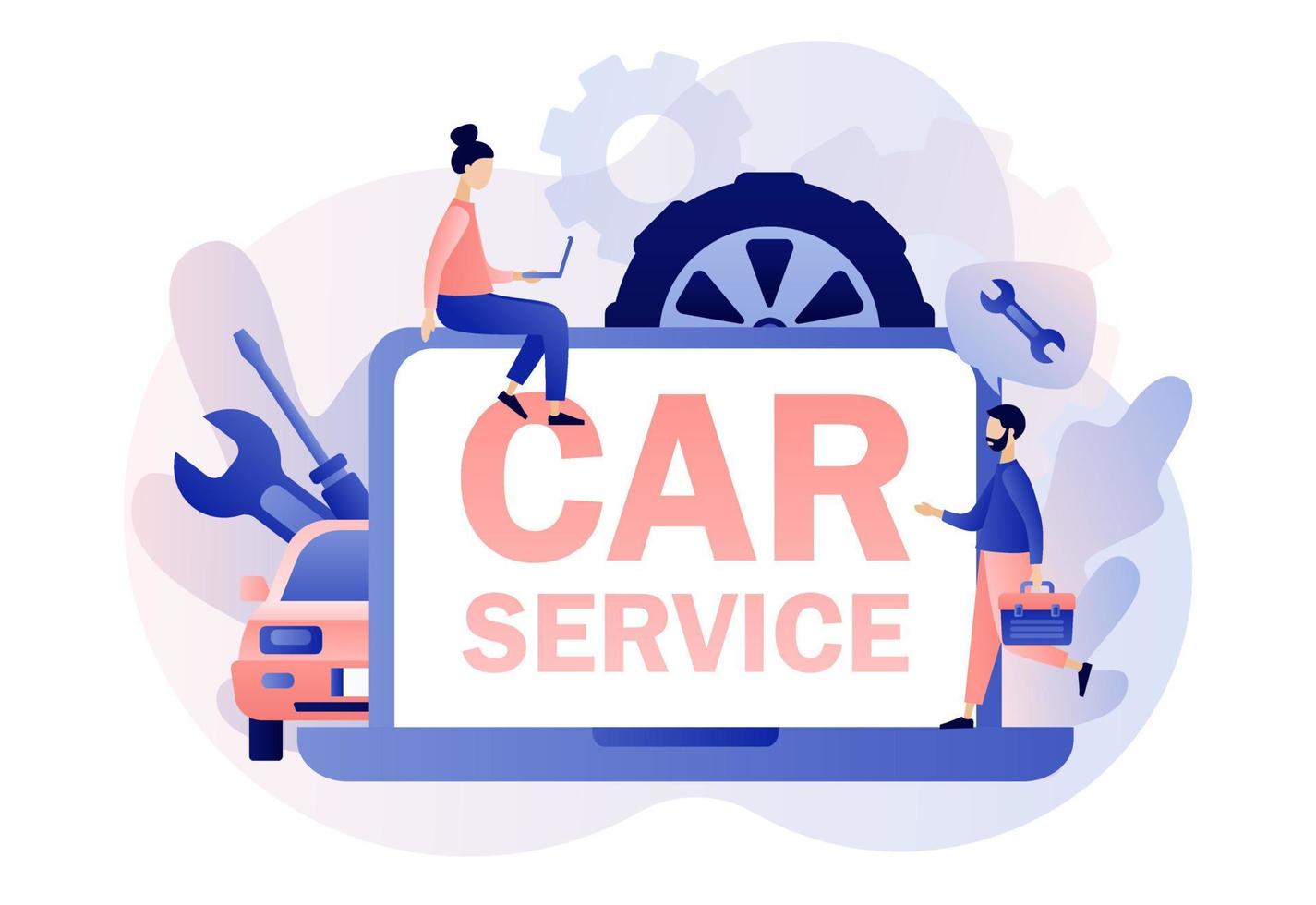 bil service och reparera webb webbplats. bil service begrepp. mycket liten reparatör, mekanik tecken i enhetlig med verktyg och däck. modern platt tecknad serie stil. vektor illustration på vit bakgrund