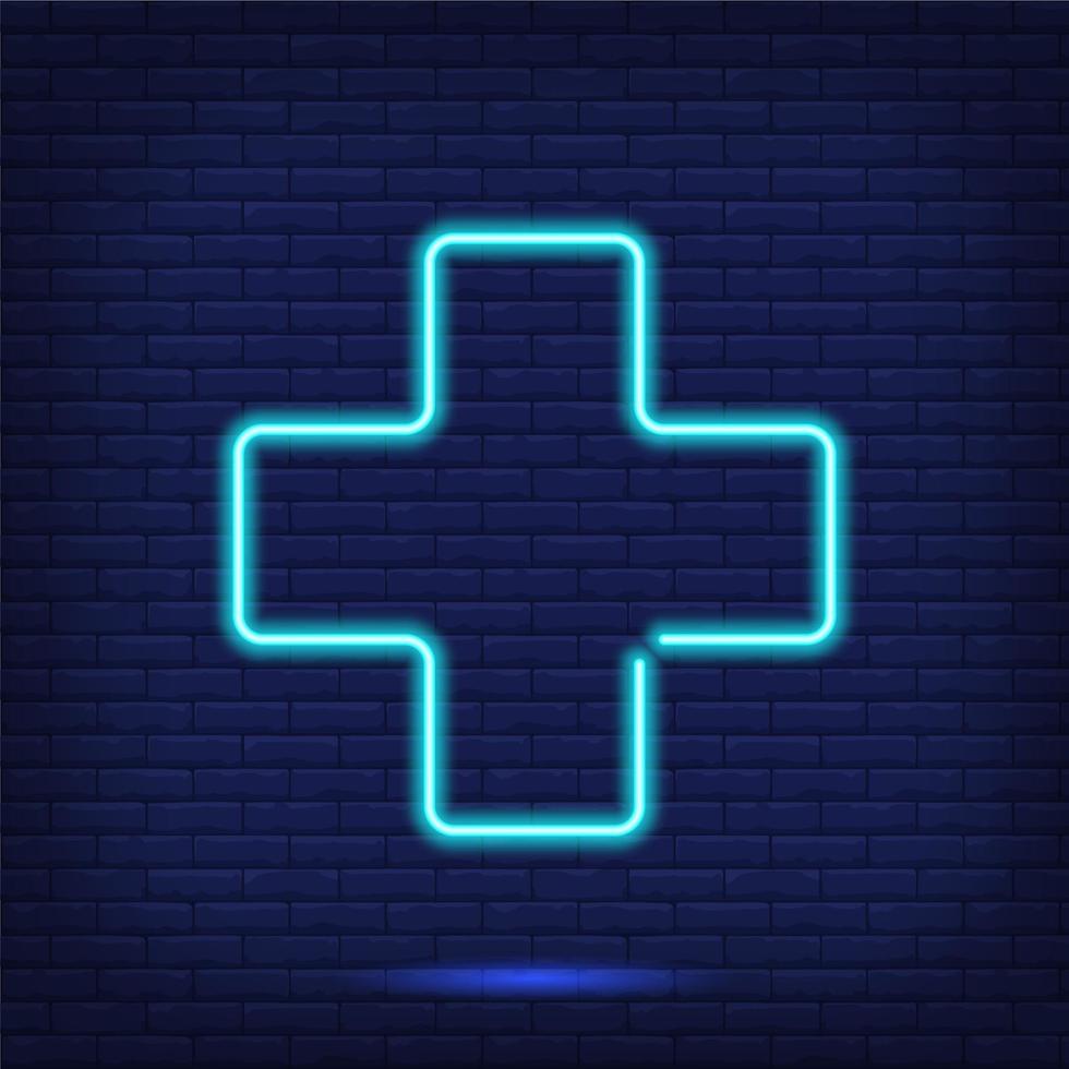 Plus und Kreuz Neon- unterzeichnen. medizinisch, Apotheke und Gesundheit Symbol. Nacht Blau Licht Wirkung. Vektor