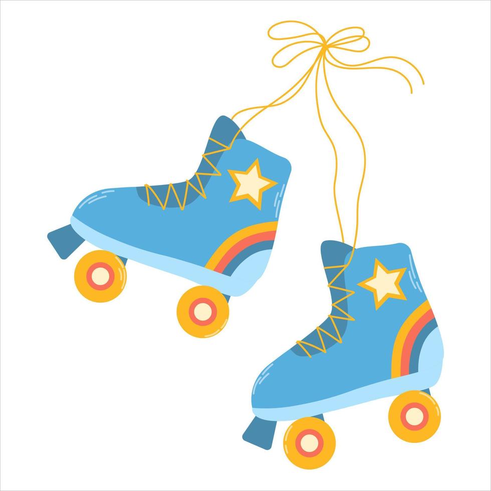 Paar stilvoll Blau Walze Rollschuhe mit Sterne, Schnürsenkel und Regenbogen im retro Stil von 60er Jahre 70er. eben Hand gezeichnet bunt Vektor Illustration isoliert auf Weiß Hintergrund.