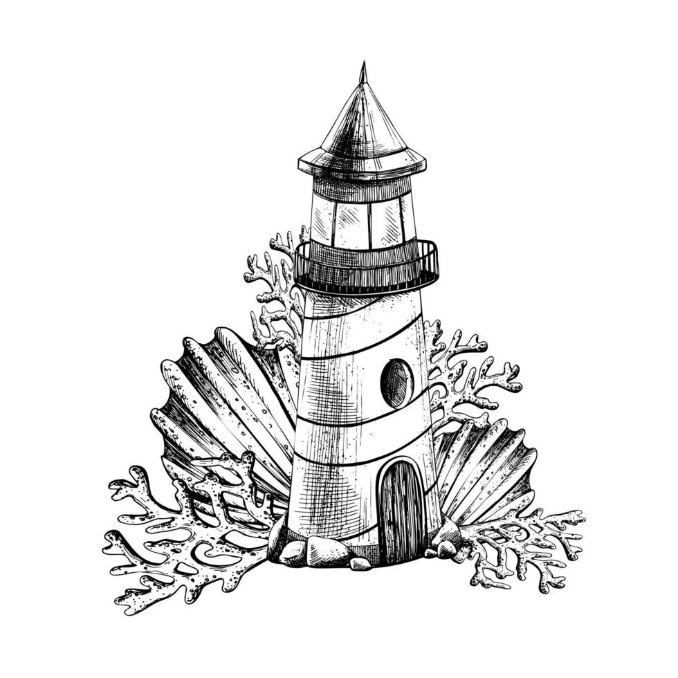 Meer Leuchtturm mit Korallen und Muscheln. Illustration von Hand gezeichnet Grafik, Vektor im eps Format. Komposition isoliert auf Weiß Hintergrund.