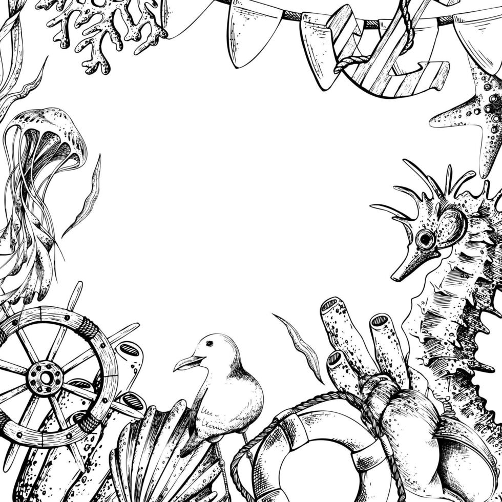 marin djur med sjöhäst, roder och livboj. illustration av hand dragen grafik, vektor i eps formatera. mall, ram på en vit bakgrund.