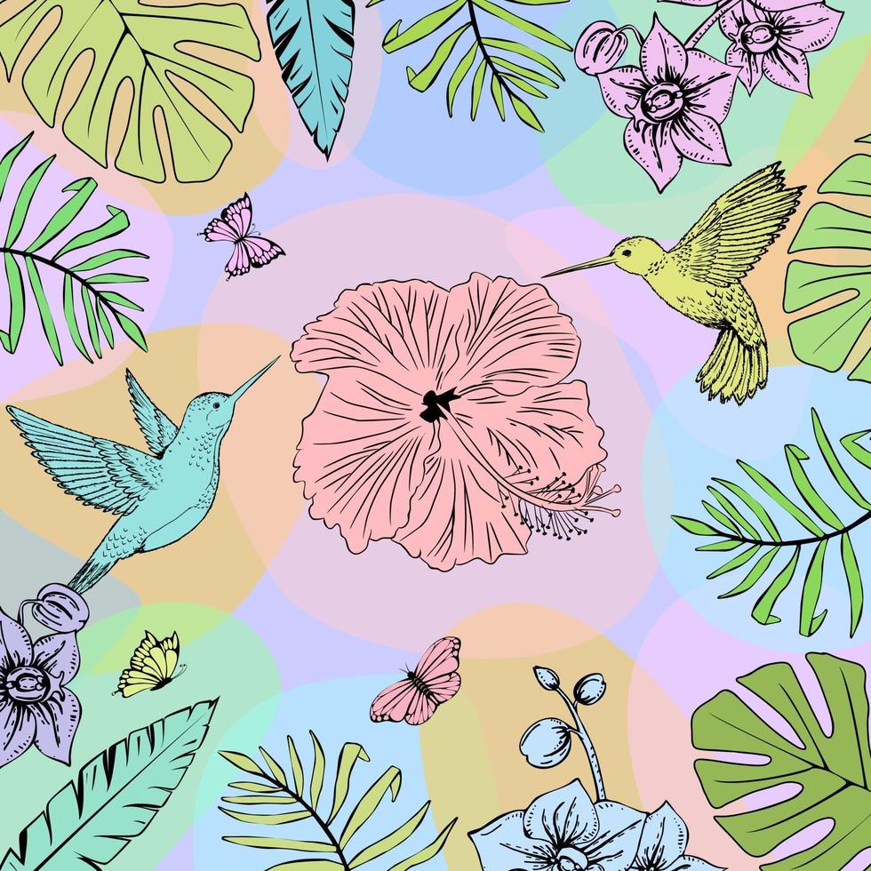 Kolibris und tropische Blätter skizzieren. helle Farben. vektor