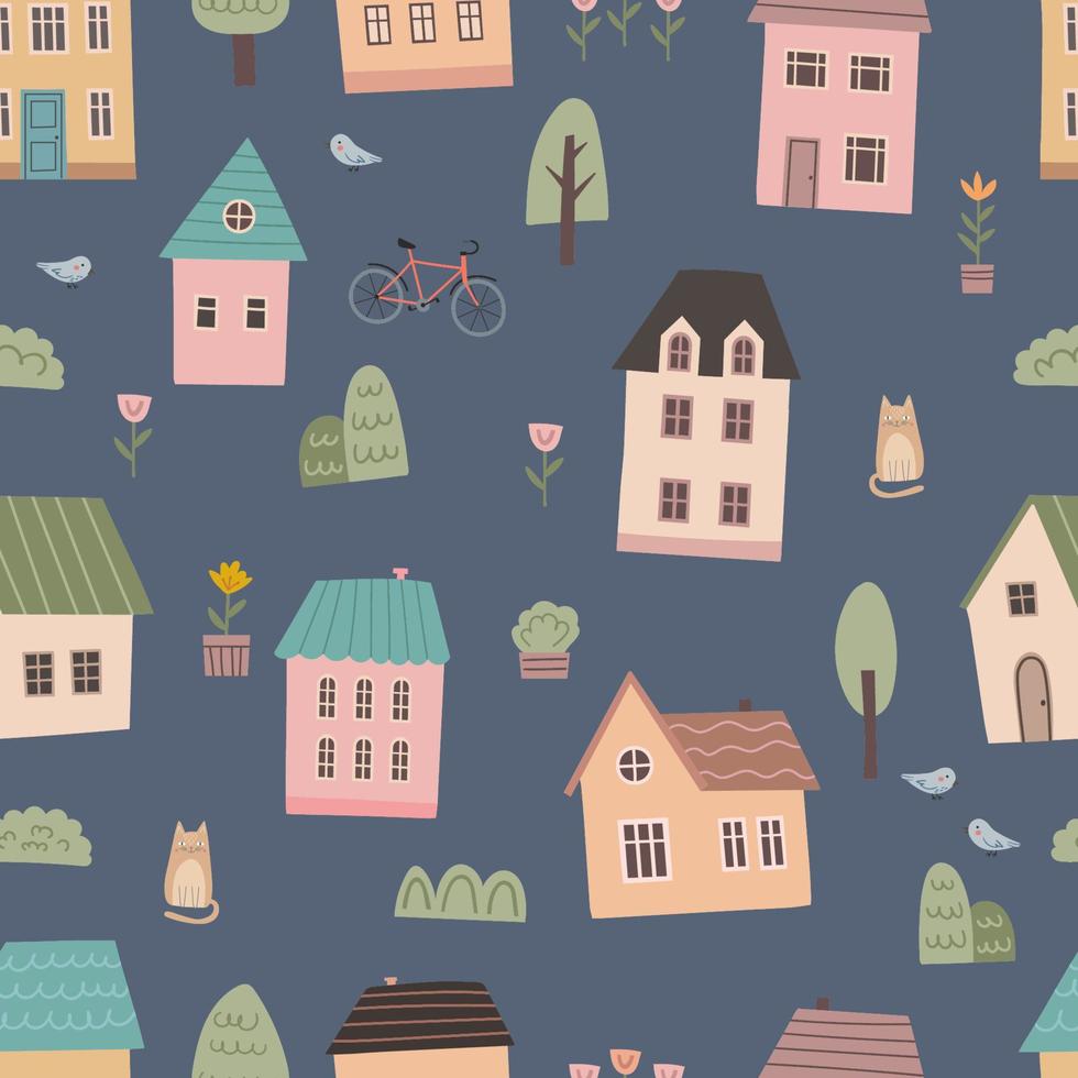 sömlös mönster med söt stad element. små mycket liten hus, träd, katter, Kafé vektor illustration. platt design. hand dra stil
