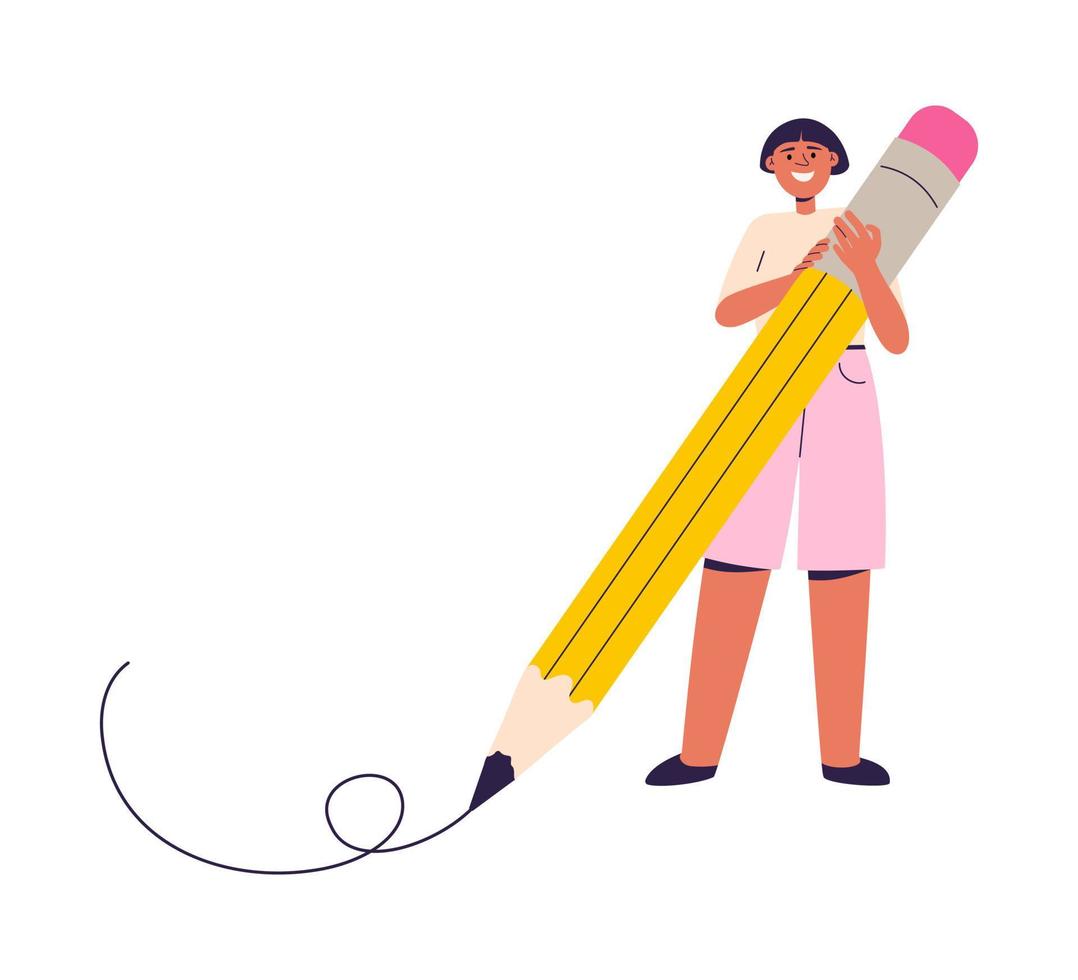 Schüler Charakter halten groß Bleistift Vektor Illustration