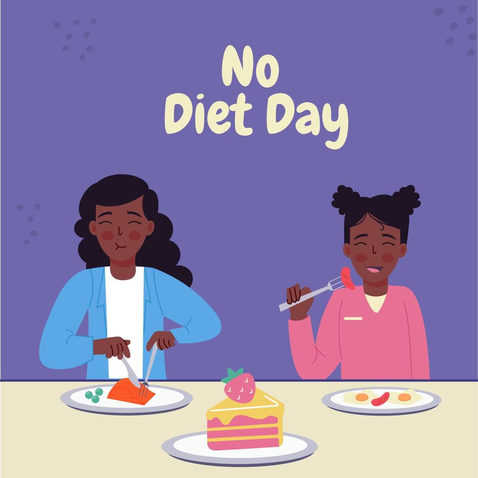 Nein Diät Tag. afrikanisch amerikanisch Frauen Essen anders Lebensmittel vektor